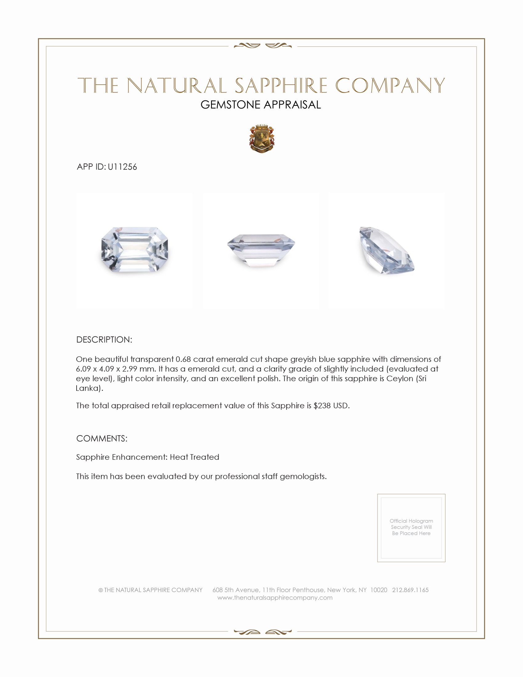 0.68 Ct. Greyish Blue Sapphire from Ceylon (Sri Lanka)