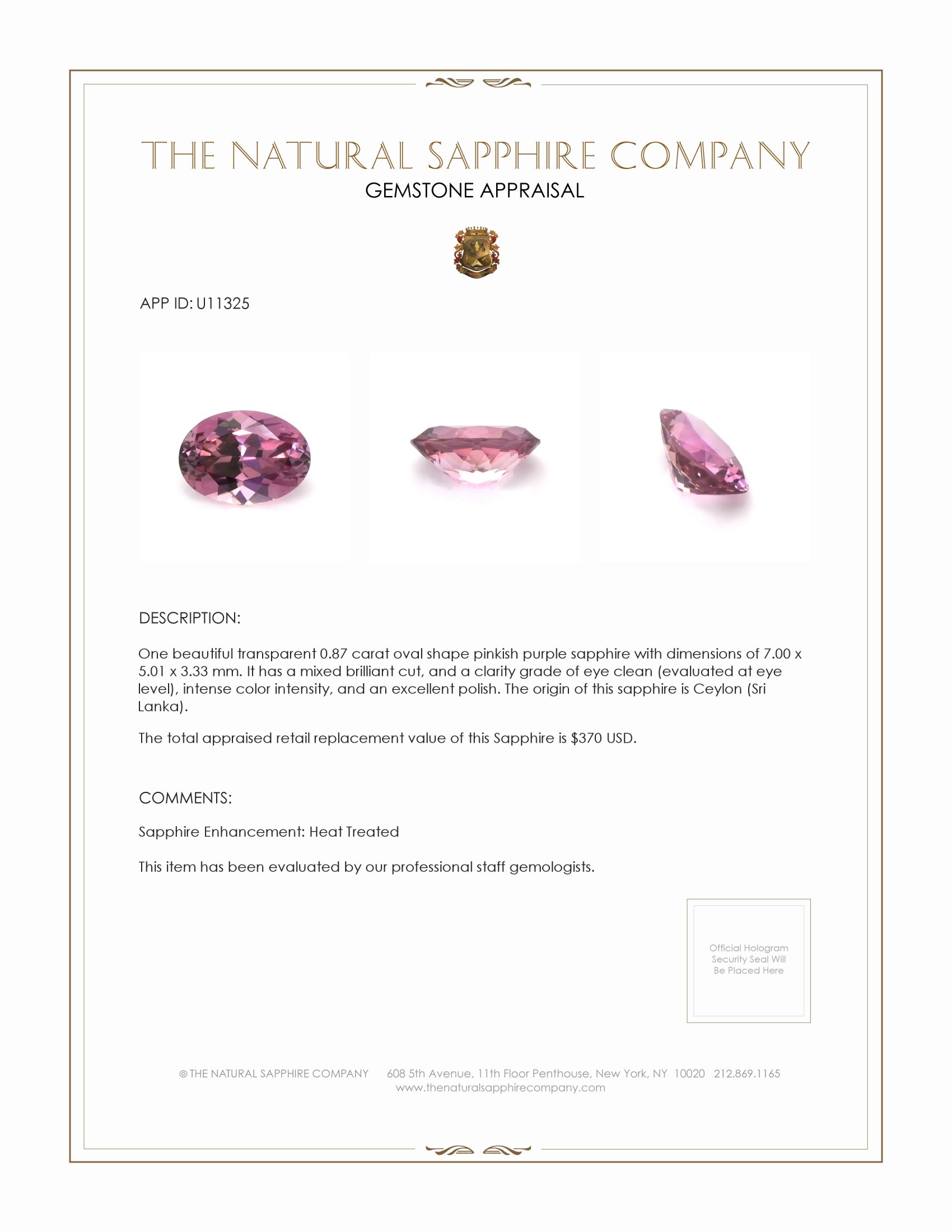 0.87 Ct. Pinkish Purple Sapphire from Ceylon (Sri Lanka)