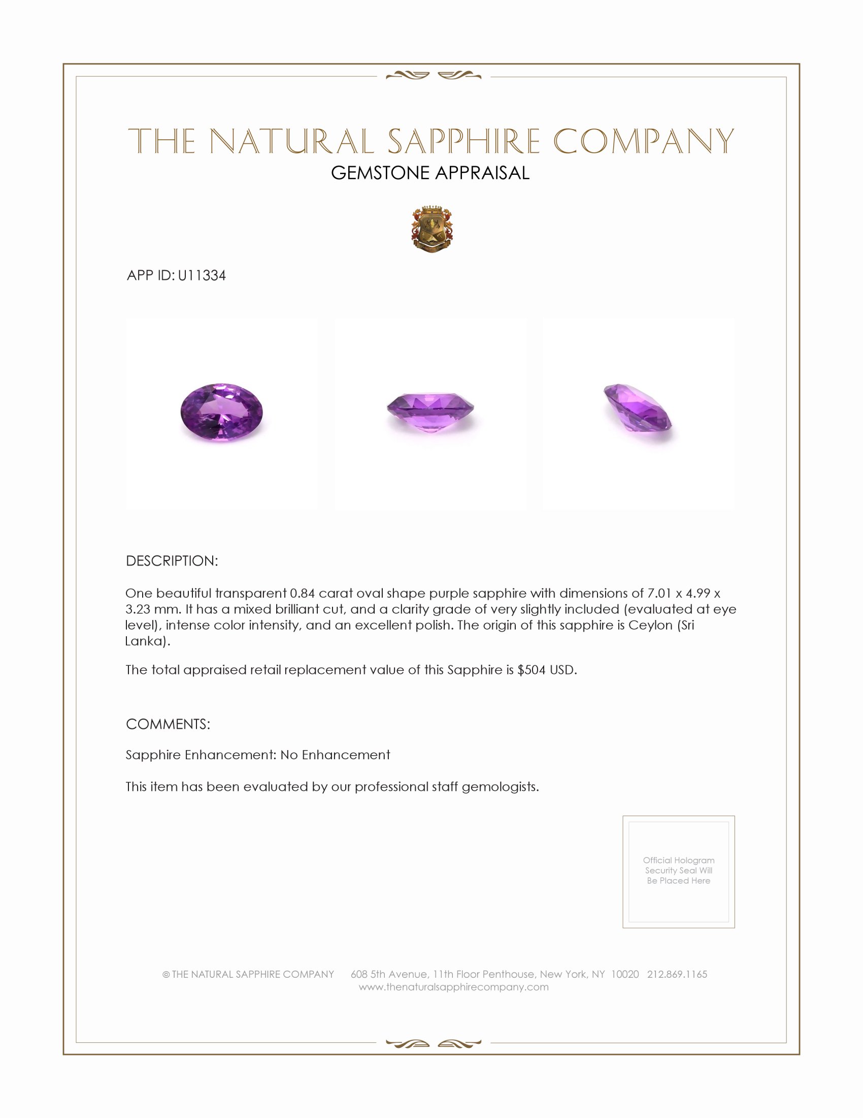 0.84 Ct. Purple Sapphire from Ceylon (Sri Lanka)