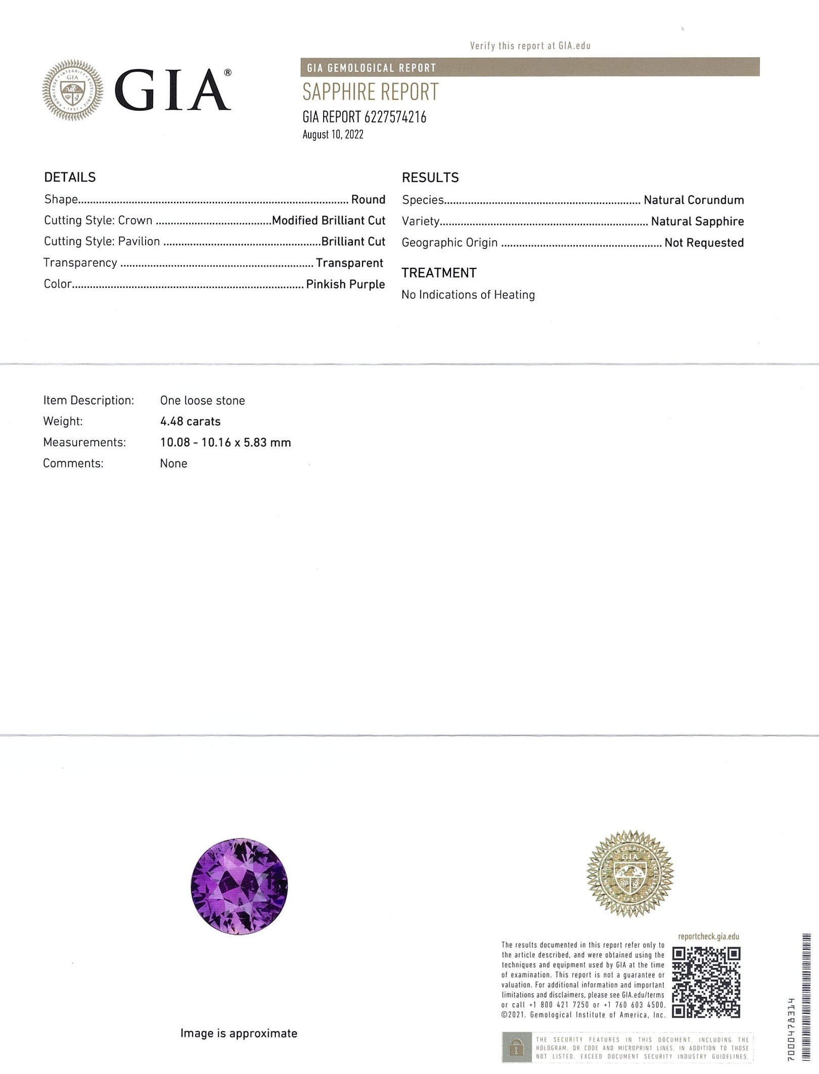 4.48 Ct. Pinkish Purple Sapphire from Ceylon (Sri Lanka)