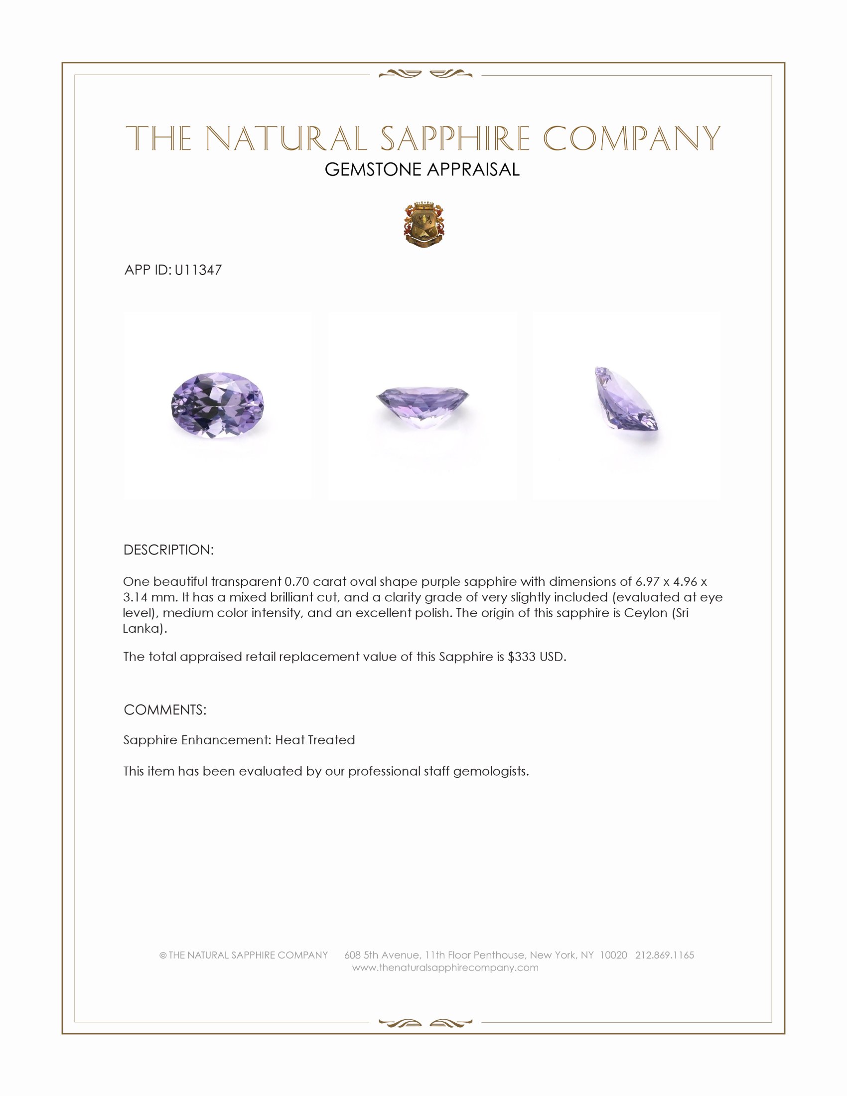 0.70 Ct. Purple Sapphire from Ceylon (Sri Lanka)
