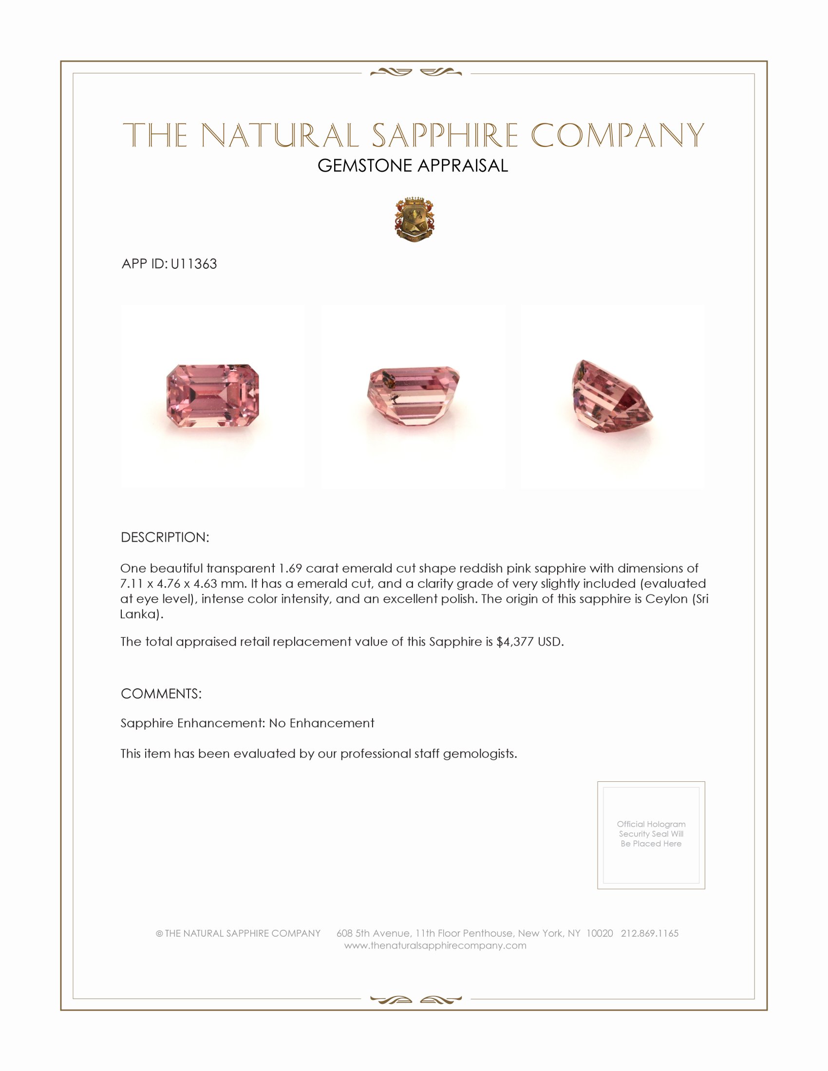 1.69 Ct. Reddish Pink Sapphire from Ceylon (Sri Lanka)