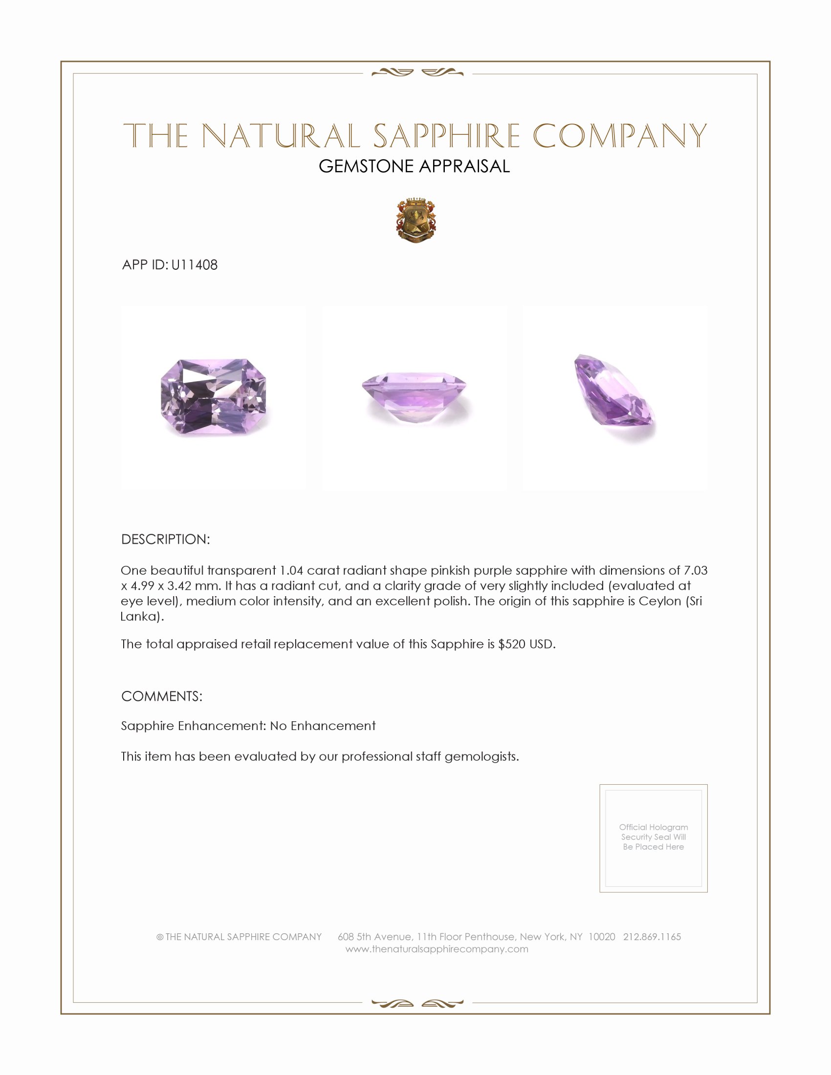 1.04 Ct. Pinkish Purple Sapphire from Ceylon (Sri Lanka)