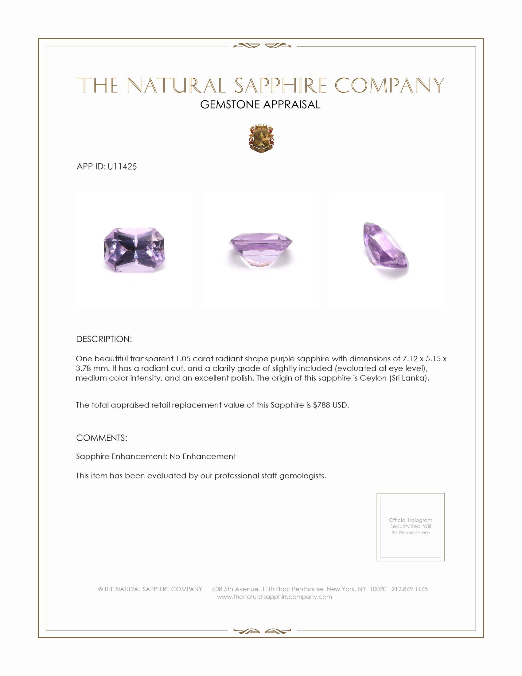 1.05 Ct. Purple Sapphire from Ceylon (Sri Lanka)