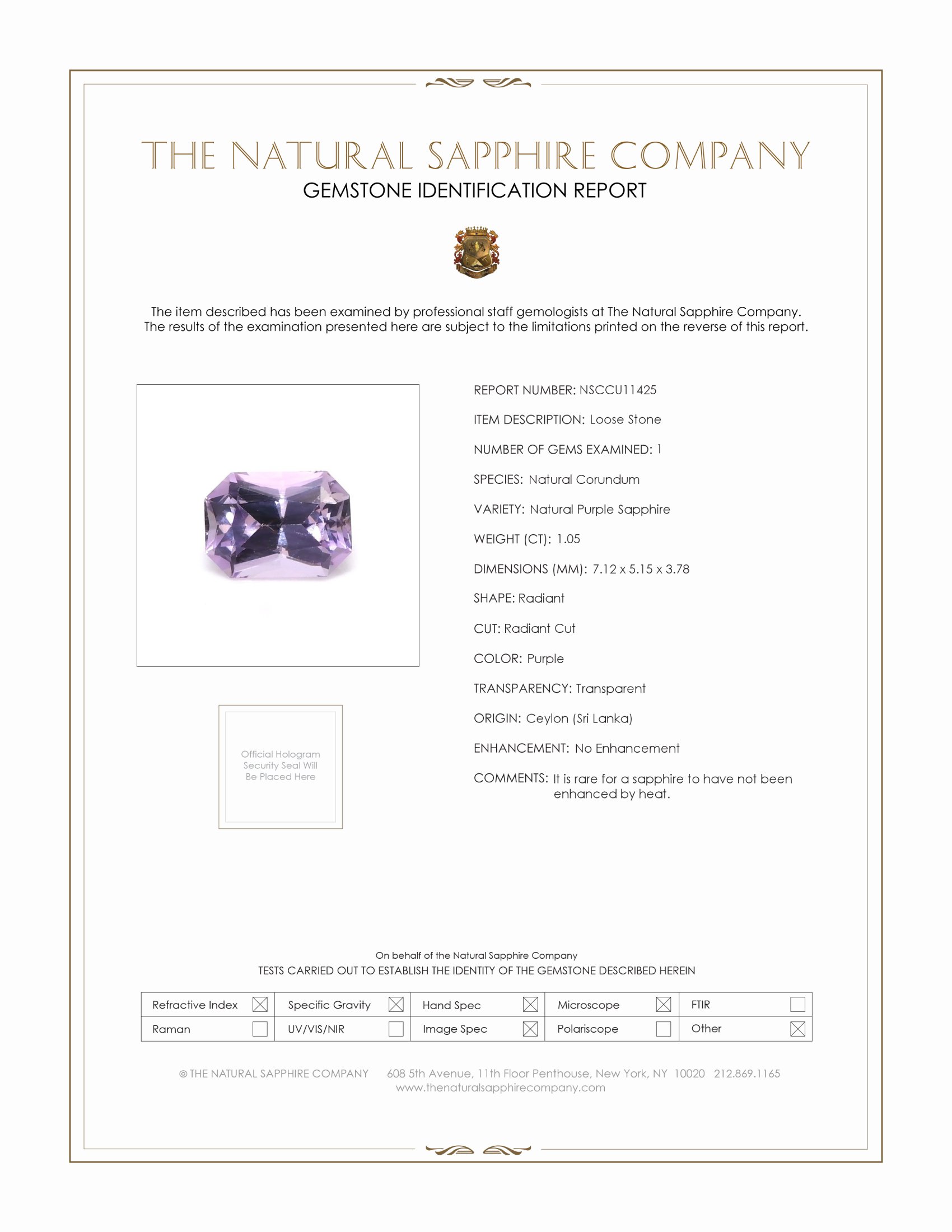 1.05 Ct. Purple Sapphire from Ceylon (Sri Lanka)