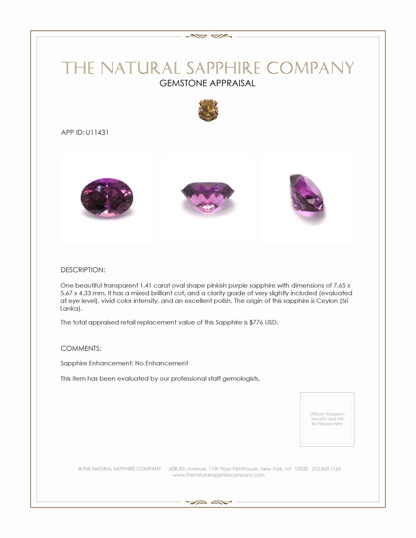 1.41 Ct. Pinkish Purple Sapphire from Ceylon (Sri Lanka)