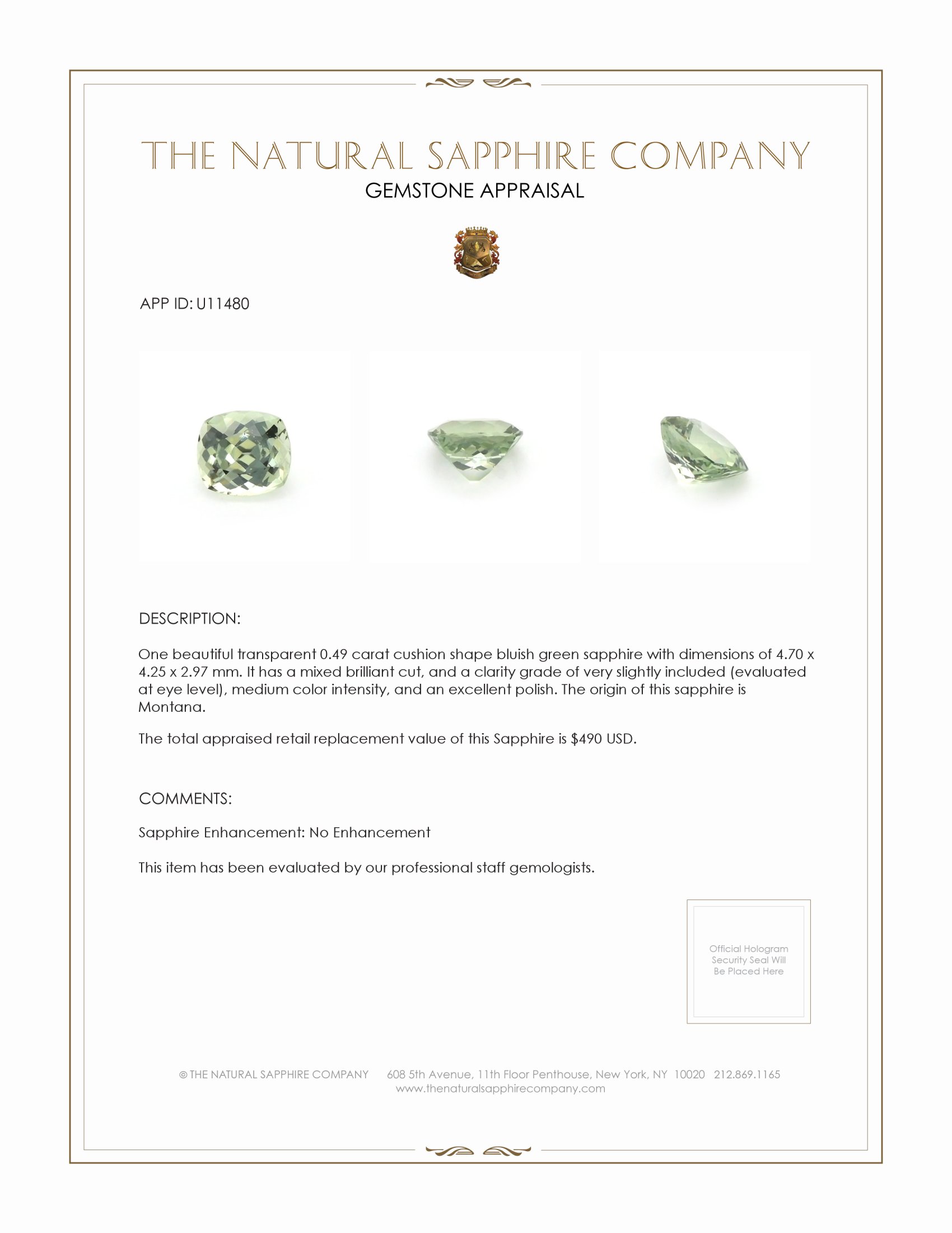 0.49 Ct. Bluish Green Sapphire from Montana