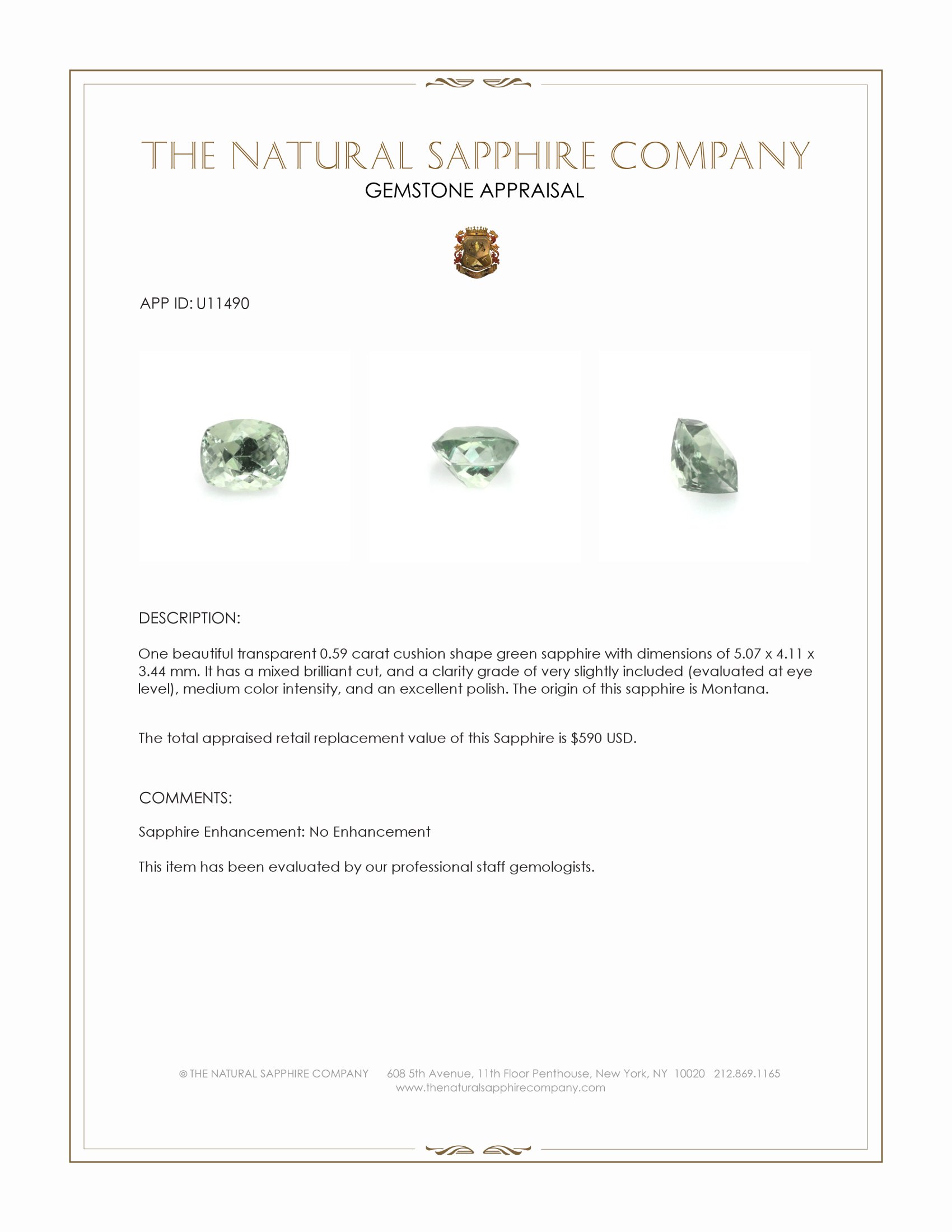 0.59 Ct. Green Sapphire from Montana