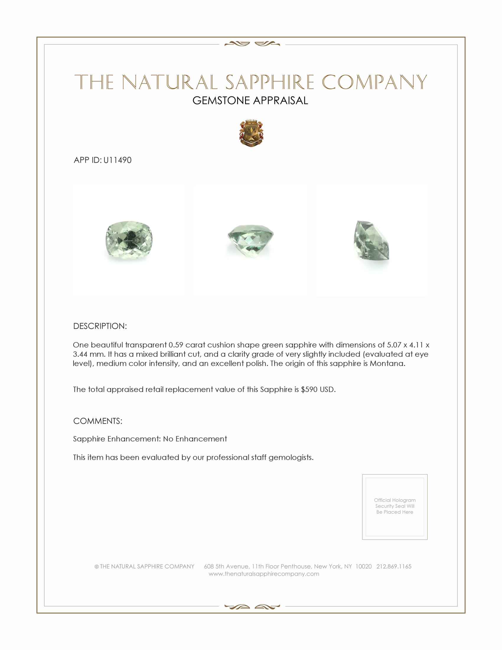 0.59 Ct. Green Sapphire from Montana