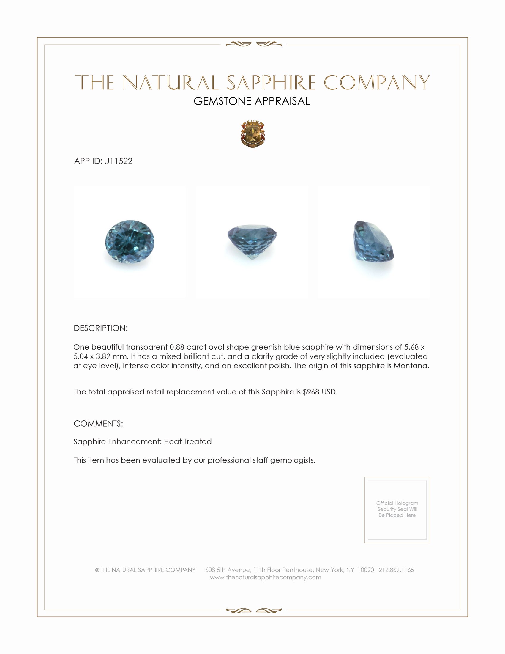 0.88 Ct. Greenish Blue Sapphire from Montana