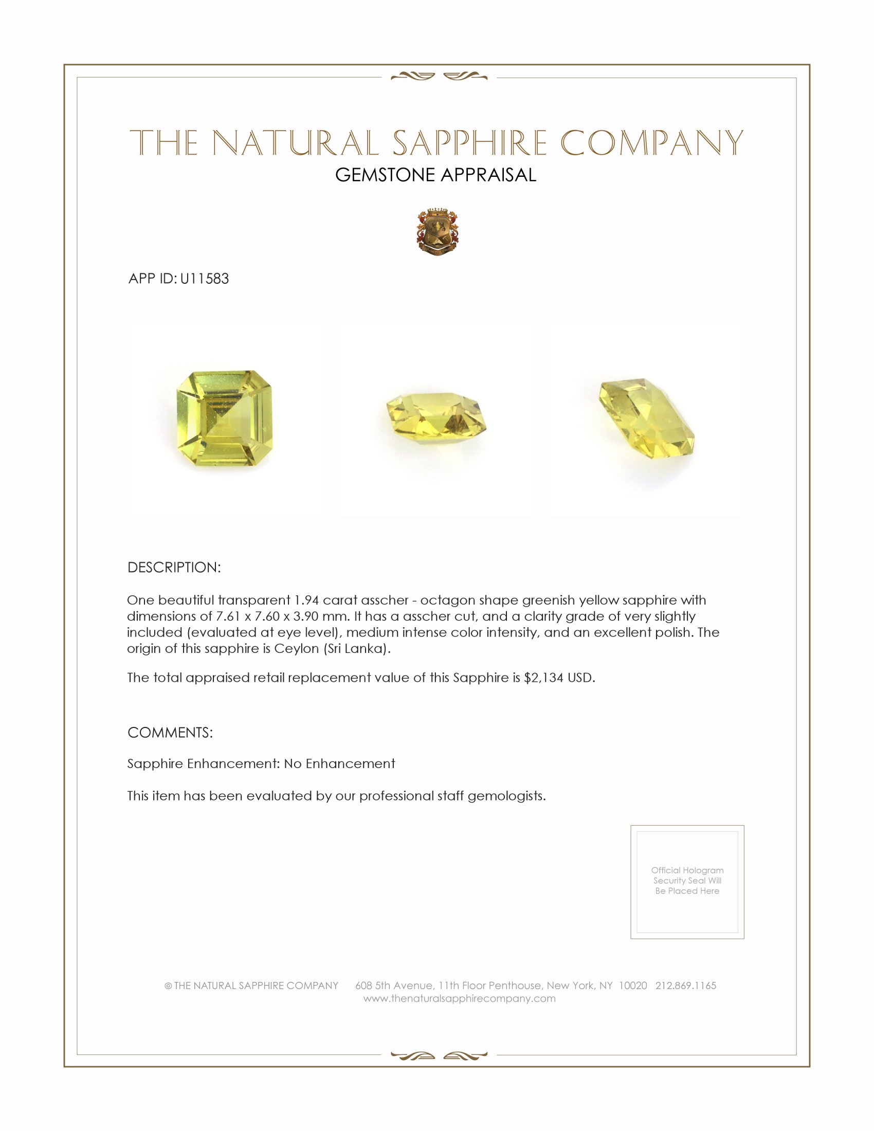 1.94 Ct. Greenish Yellow Sapphire from Ceylon (Sri Lanka)