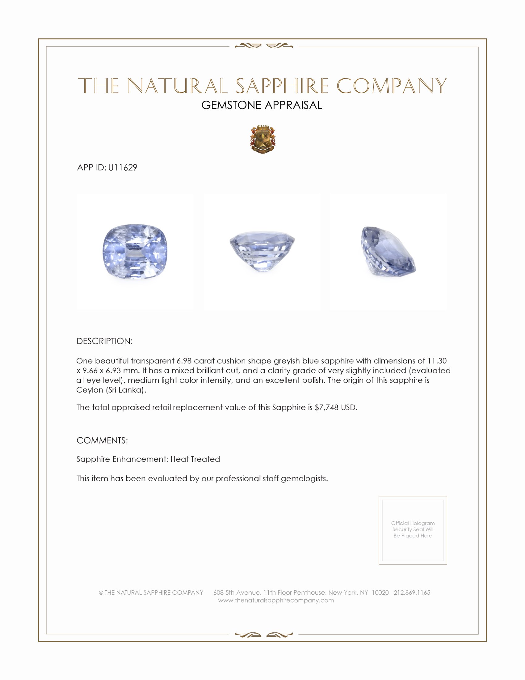 6.98 Ct. Greyish Blue Sapphire from Ceylon (Sri Lanka)