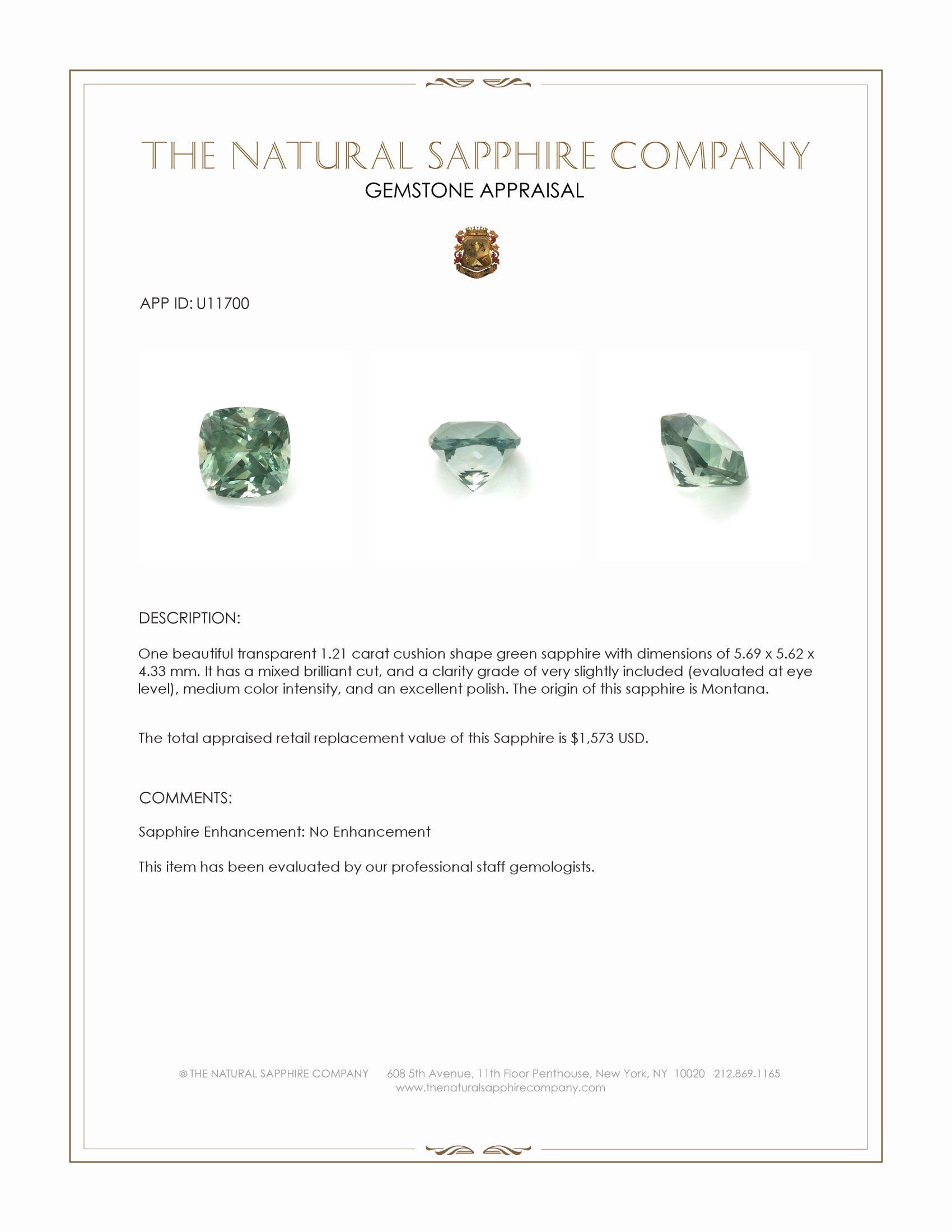 1.21 Ct. Green Sapphire from Montana