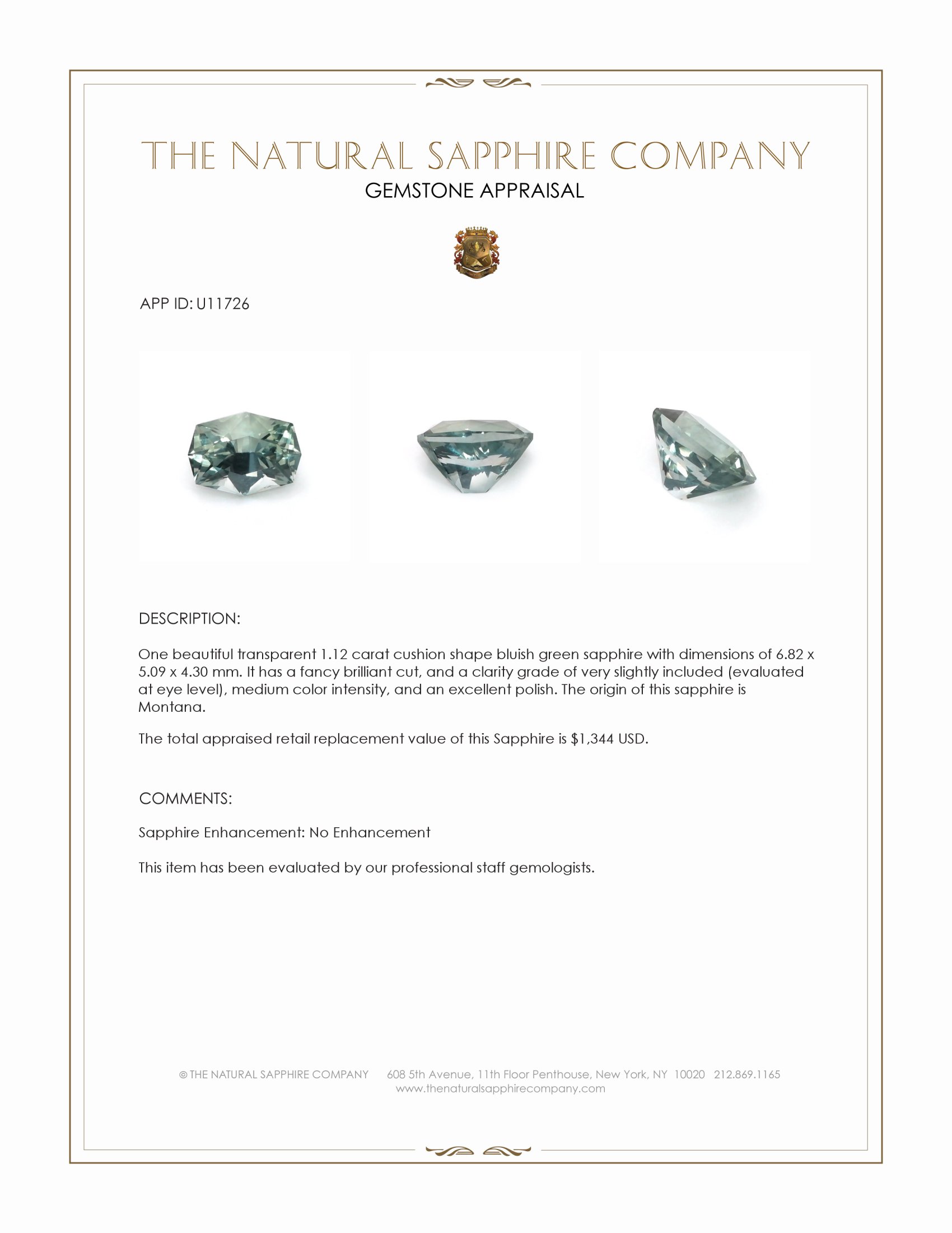 1.12 Ct. Bluish Green Sapphire from Montana