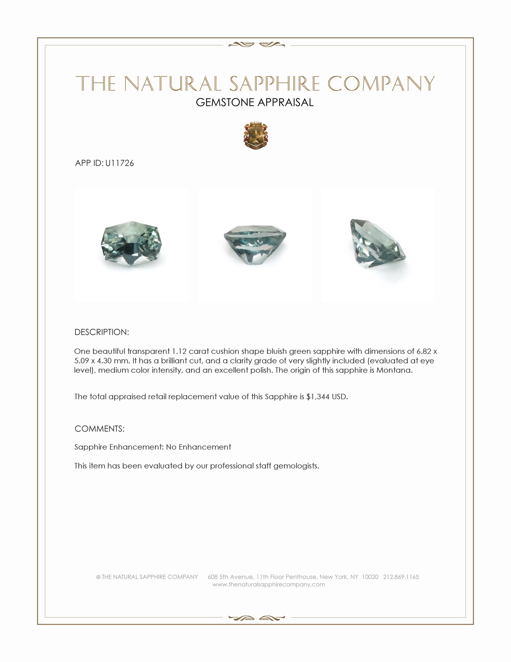 1.12 Ct. Bluish Green Sapphire from Montana