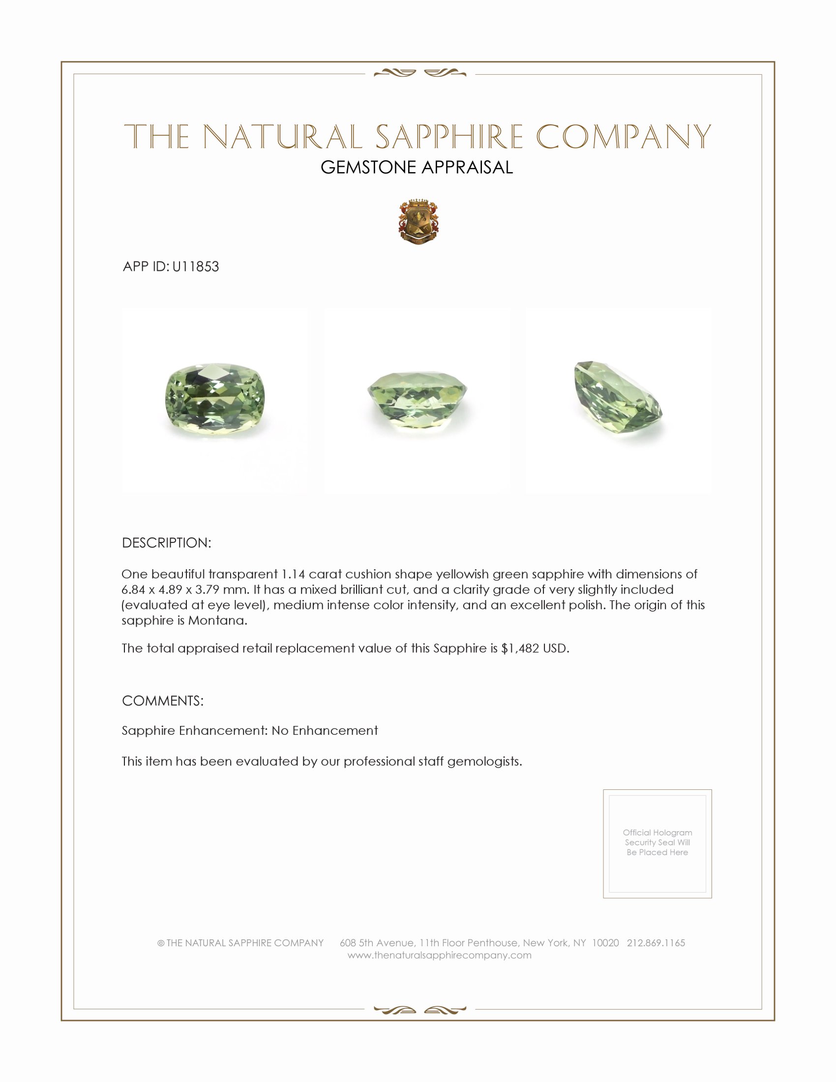 1.14 Ct. Yellowish Green Sapphire from Montana