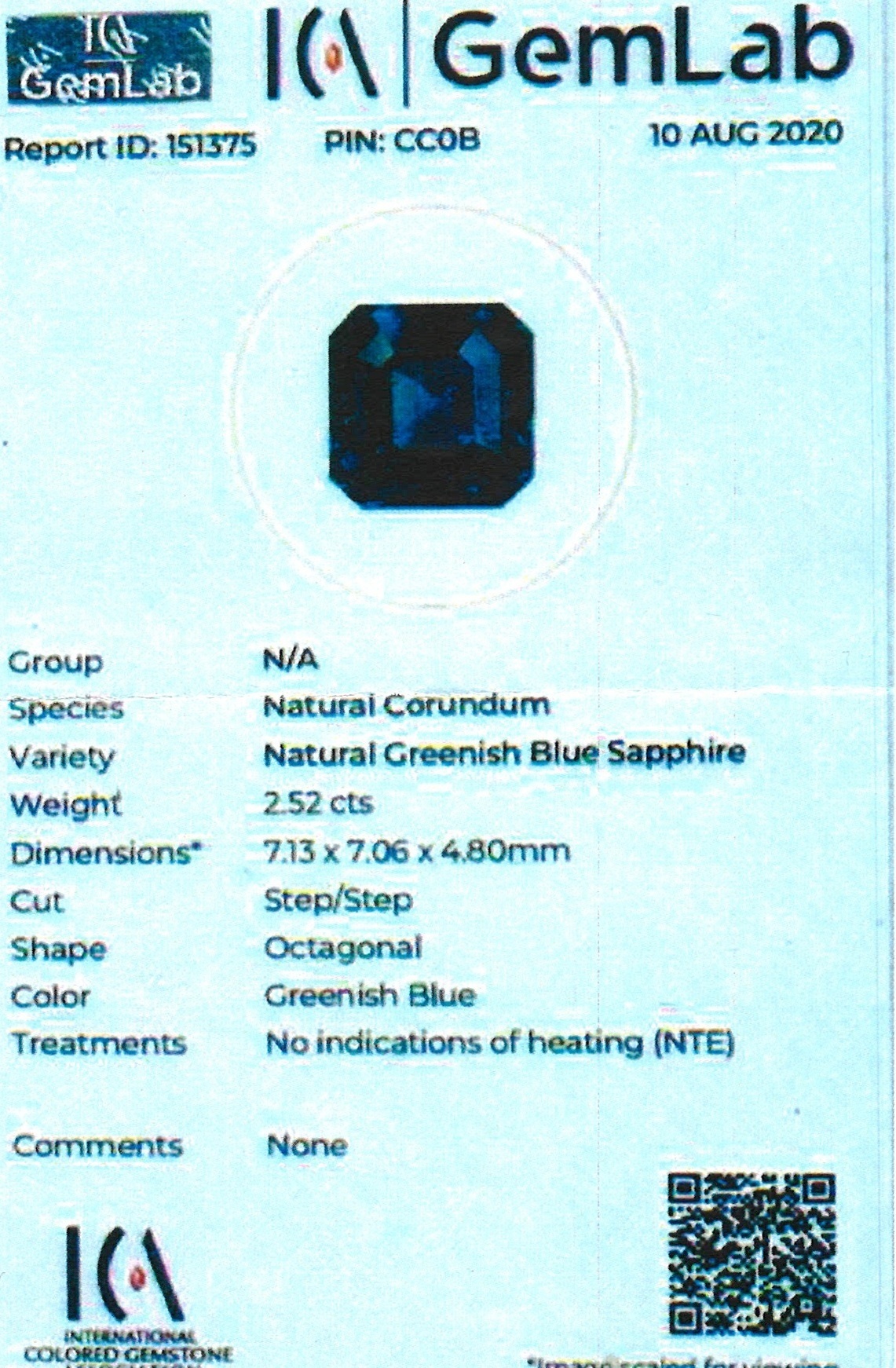 2.52 Ct. Greenish Blue Sapphire from Ceylon (Sri Lanka)