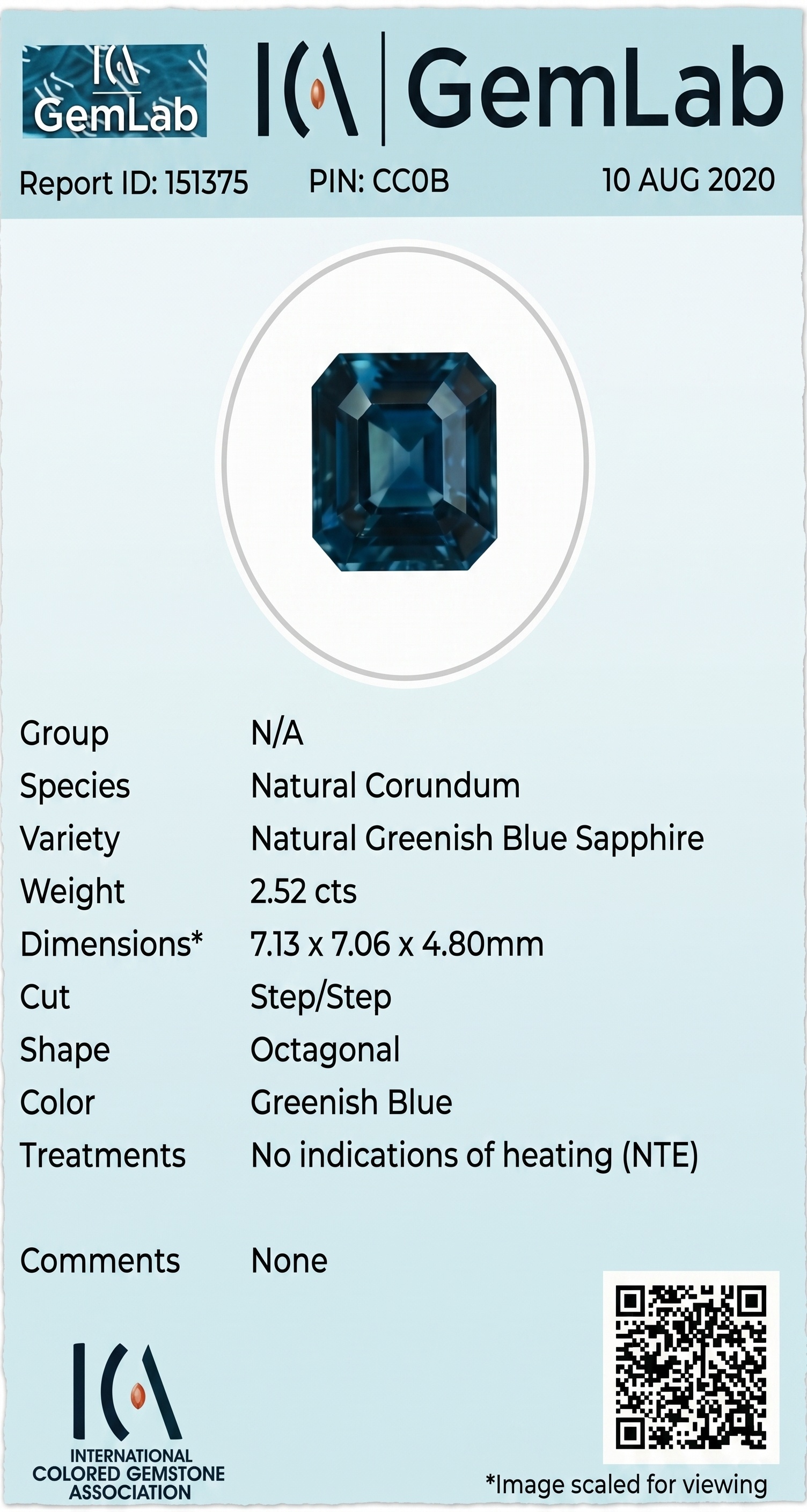 2.52 Ct. Greenish Blue Sapphire from Ceylon (Sri Lanka)