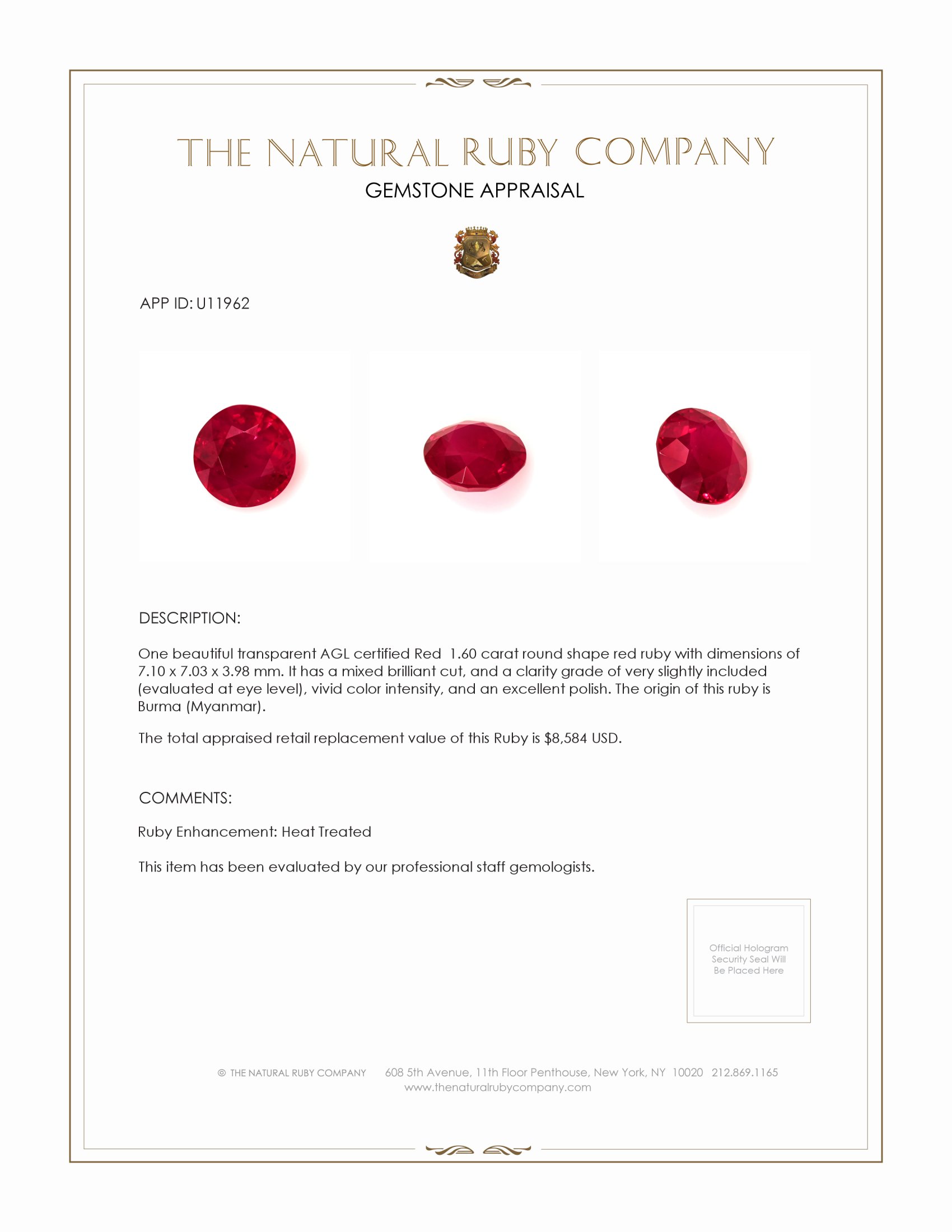 1.60 Ct. Ruby from Burma (Myanmar)