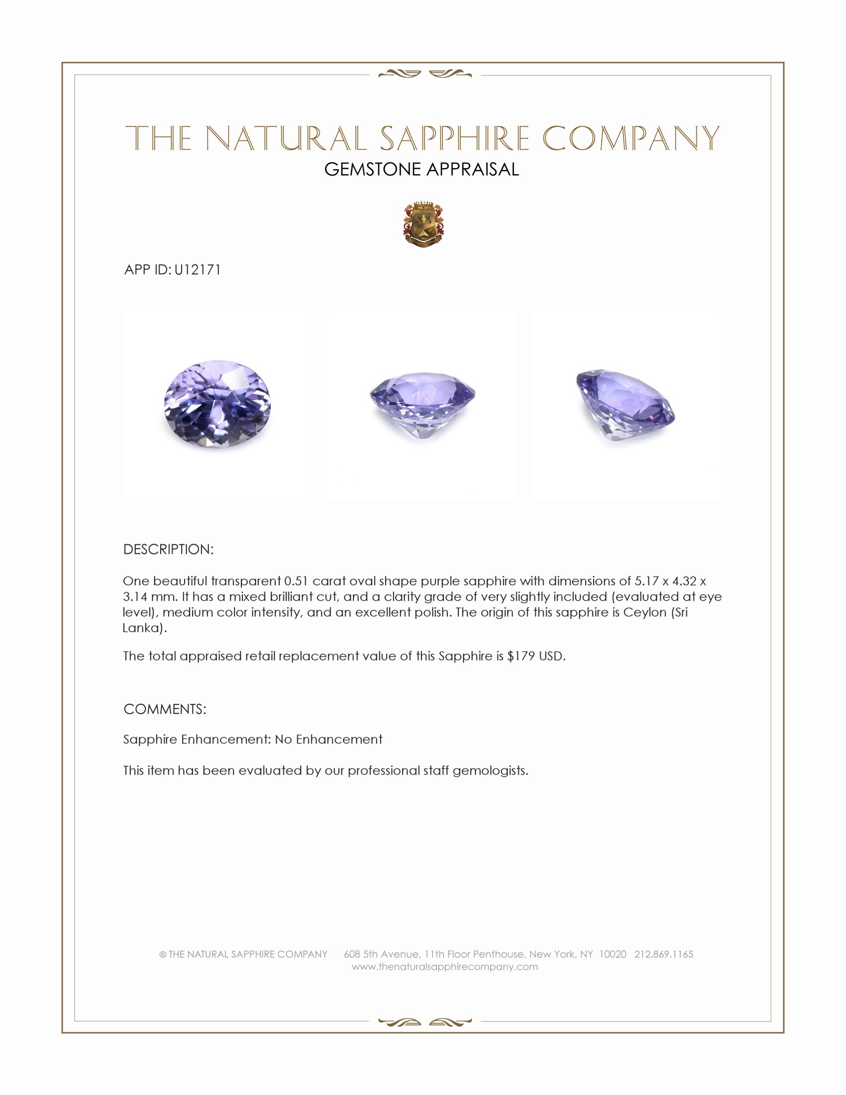 0.51 Ct. Purple Sapphire from Ceylon (Sri Lanka)