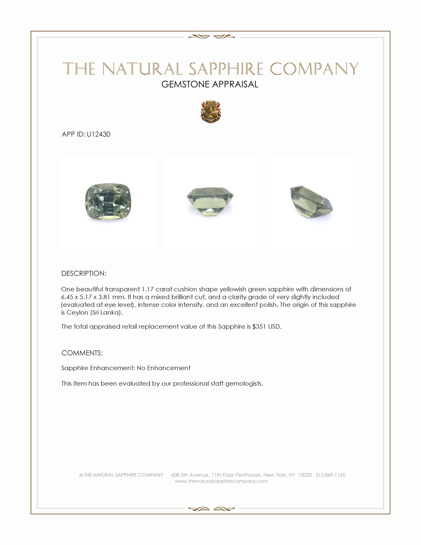 1.17 Ct. Yellowish Green Sapphire from Ceylon (Sri Lanka)