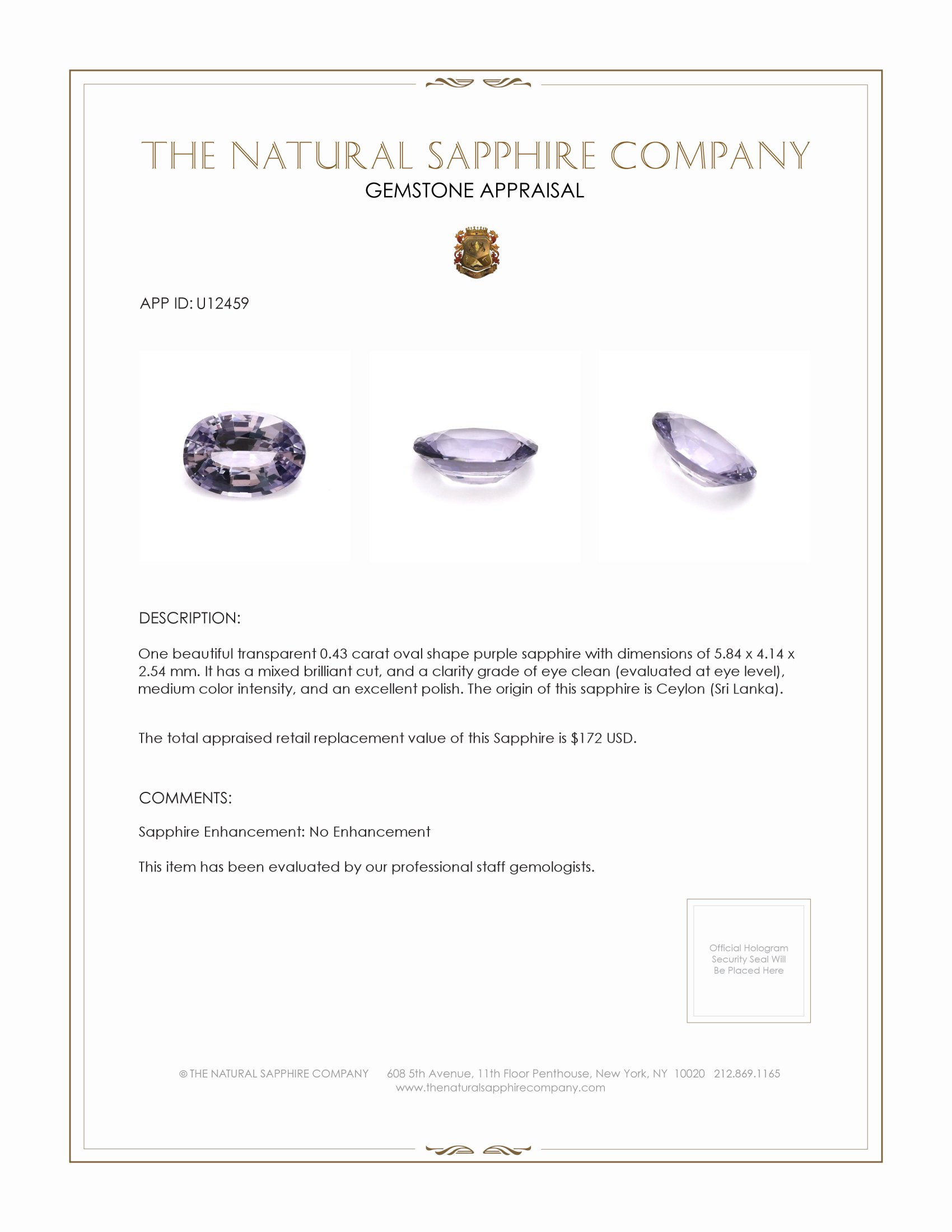 0.43 Ct. Purple Sapphire from Ceylon (Sri Lanka)