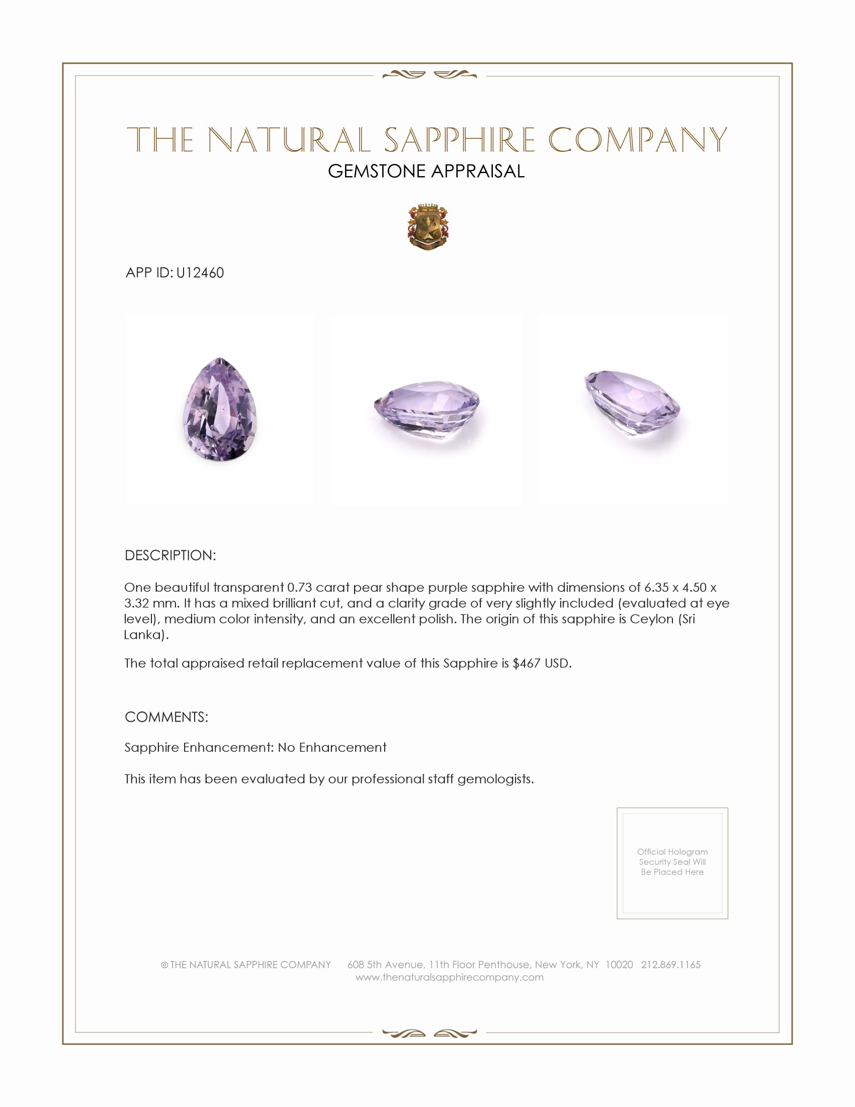 0.73 Ct. Purple Sapphire from Ceylon (Sri Lanka)