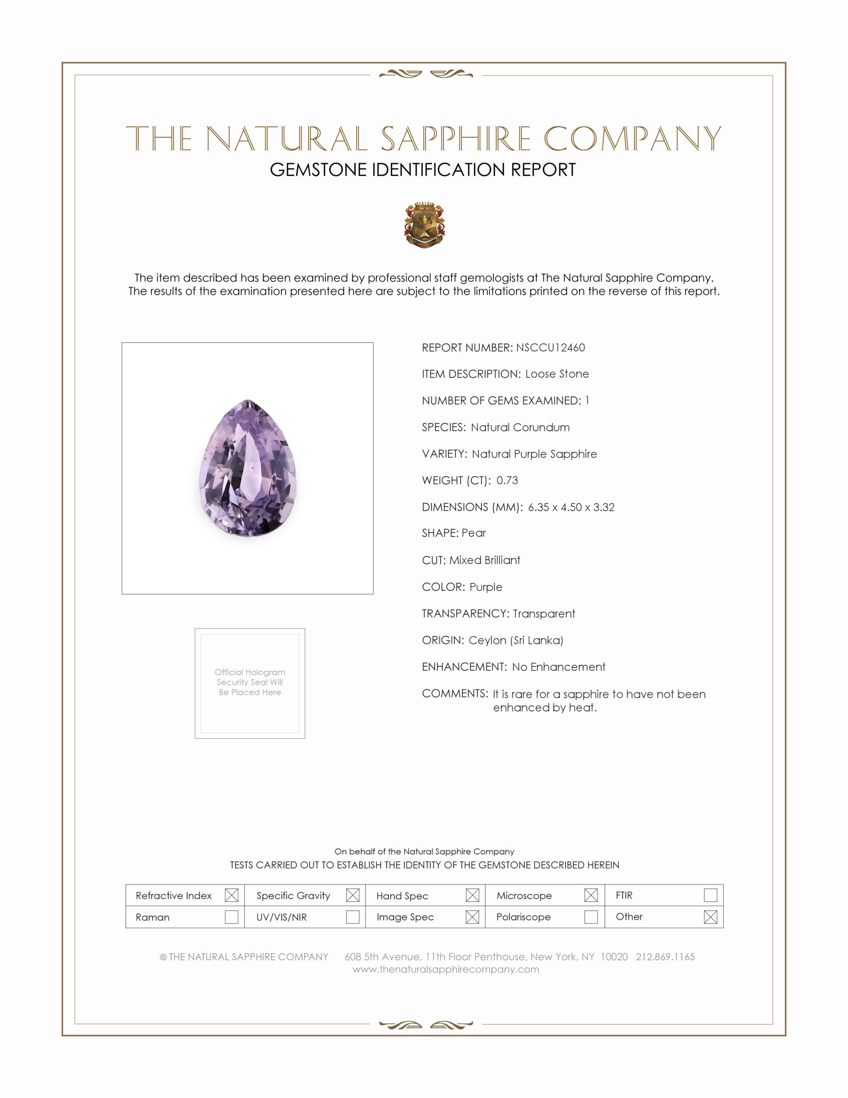 0.73 Ct. Purple Sapphire from Ceylon (Sri Lanka)
