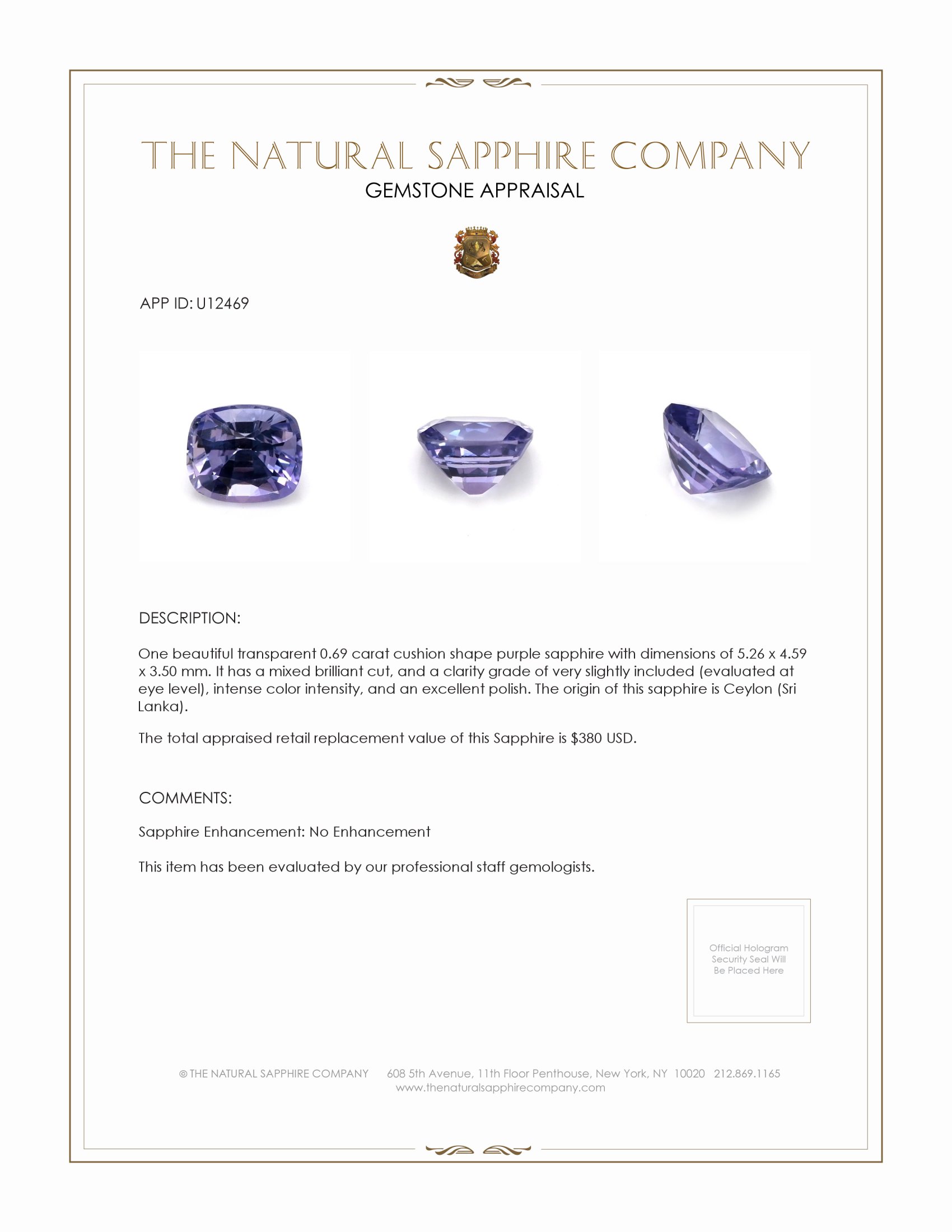 0.69 Ct. Purple Sapphire from Ceylon (Sri Lanka)