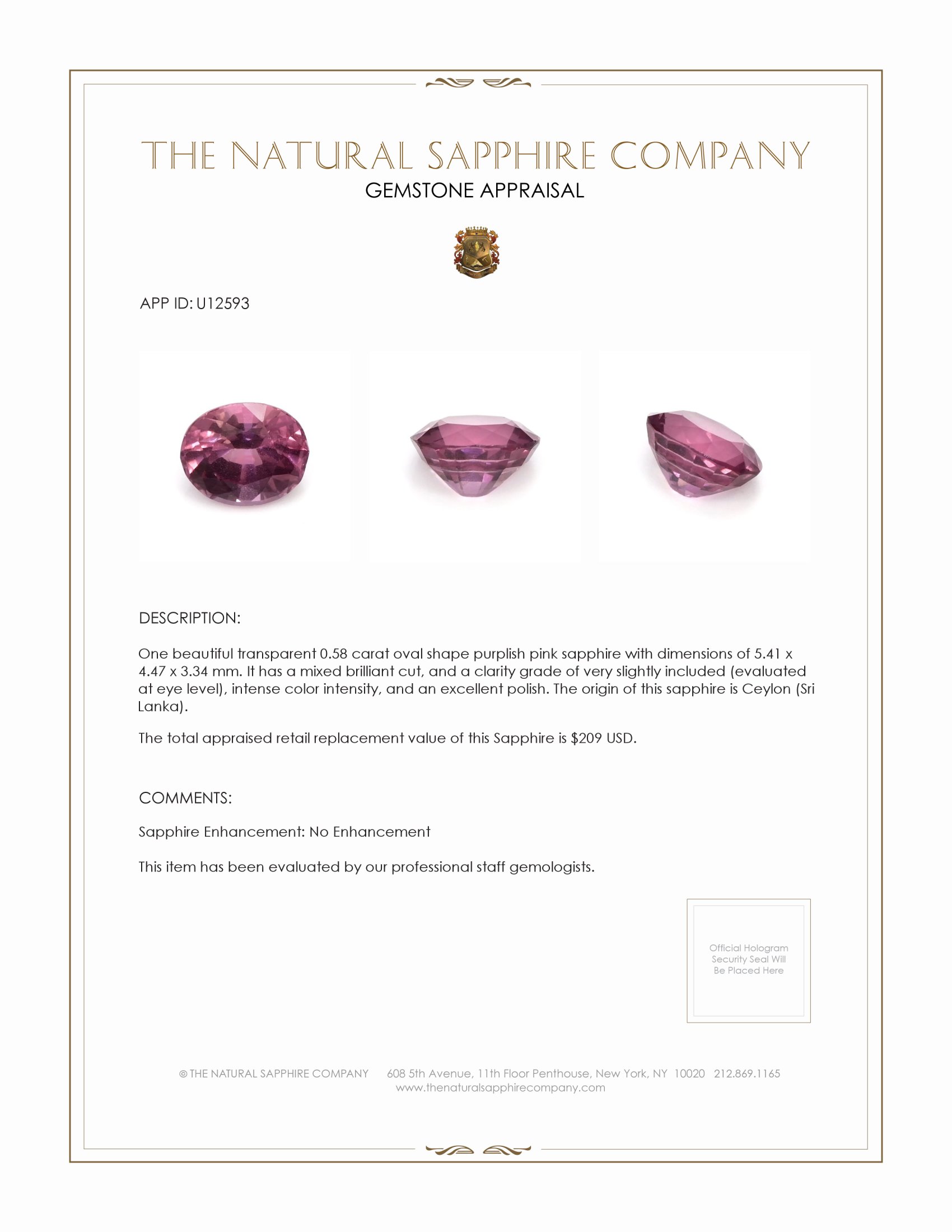 0.58 Ct. Purplish Pink Sapphire from Ceylon (Sri Lanka)