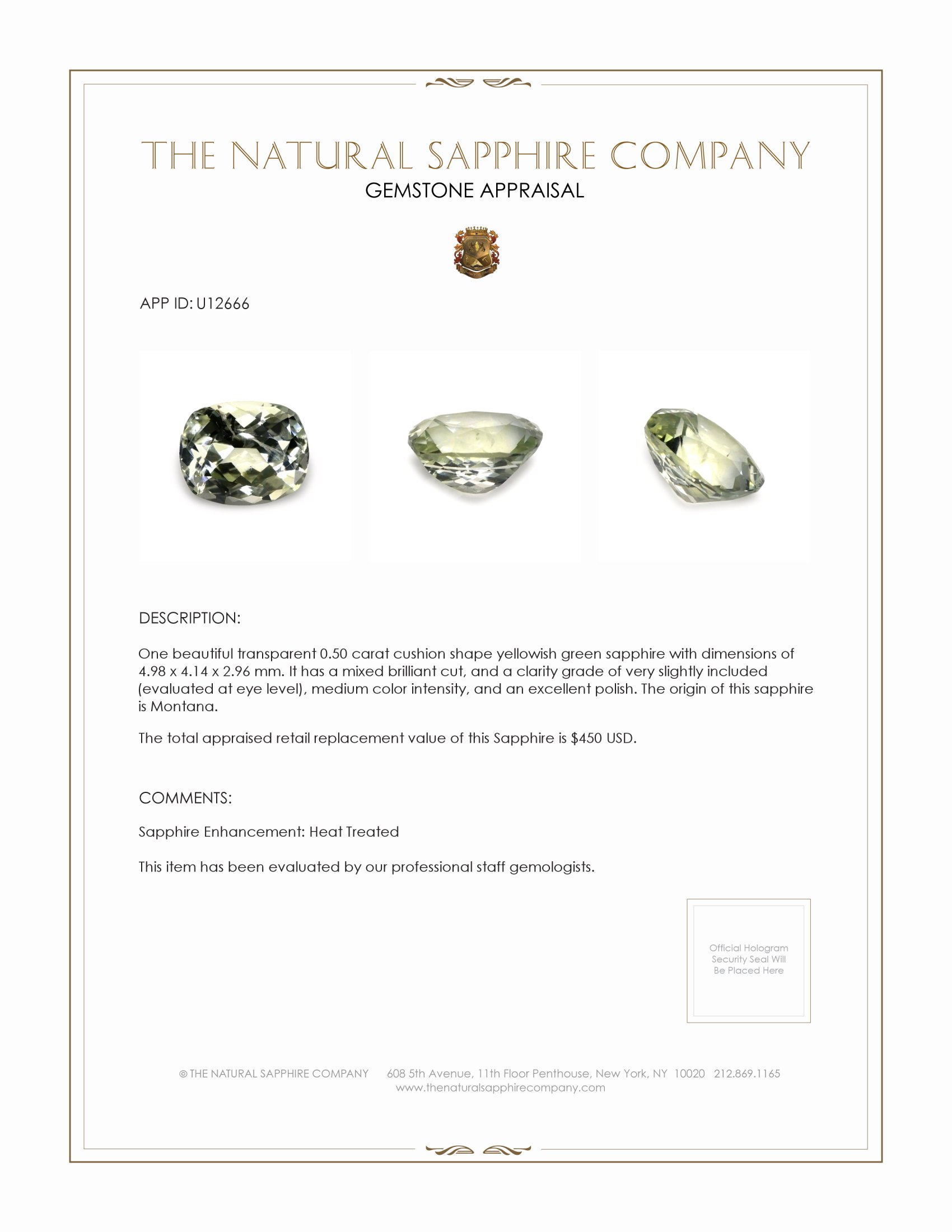 0.50 Ct. Yellowish Green Sapphire from Montana