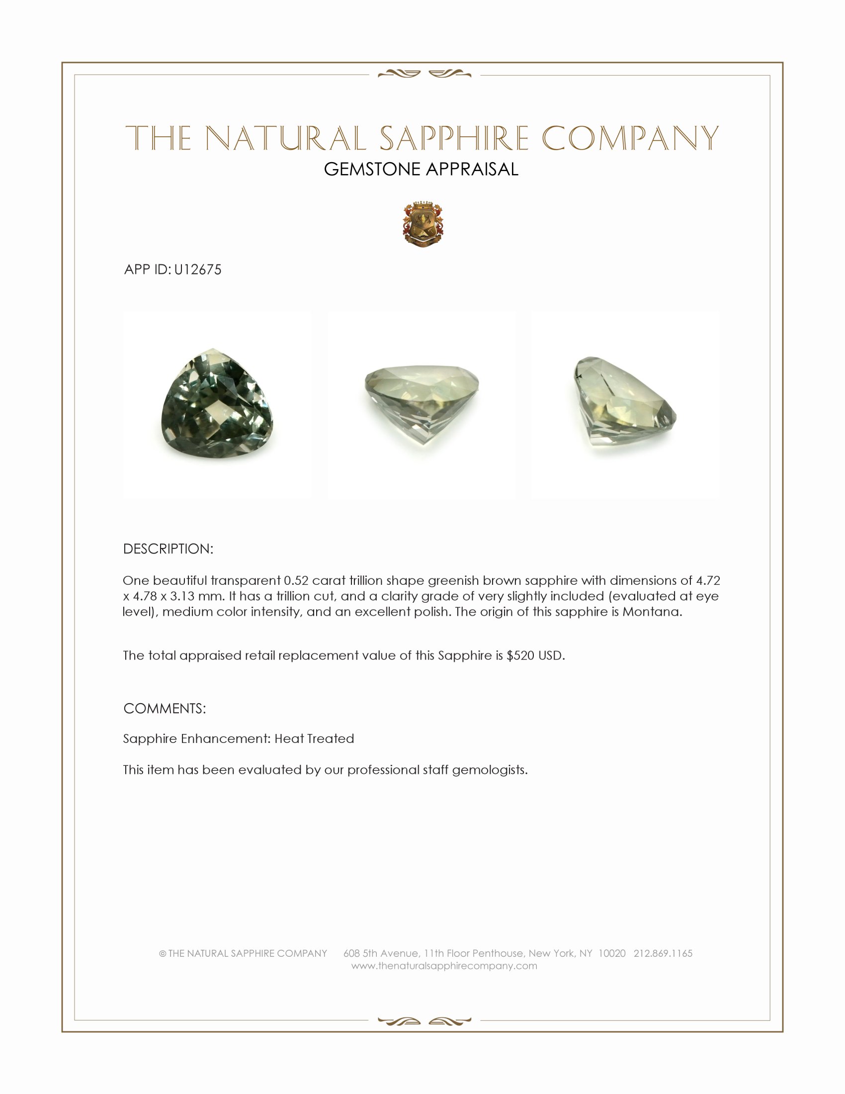 0.52 Ct. Greenish Brown Sapphire from Montana