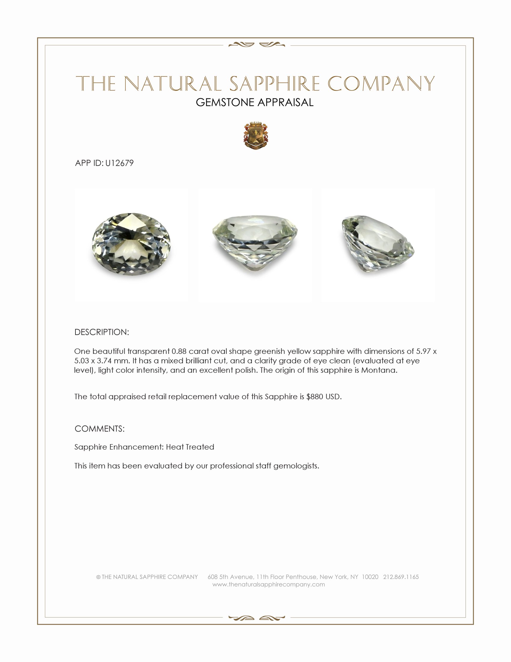 0.88 Ct. Greenish Yellow Sapphire from Montana