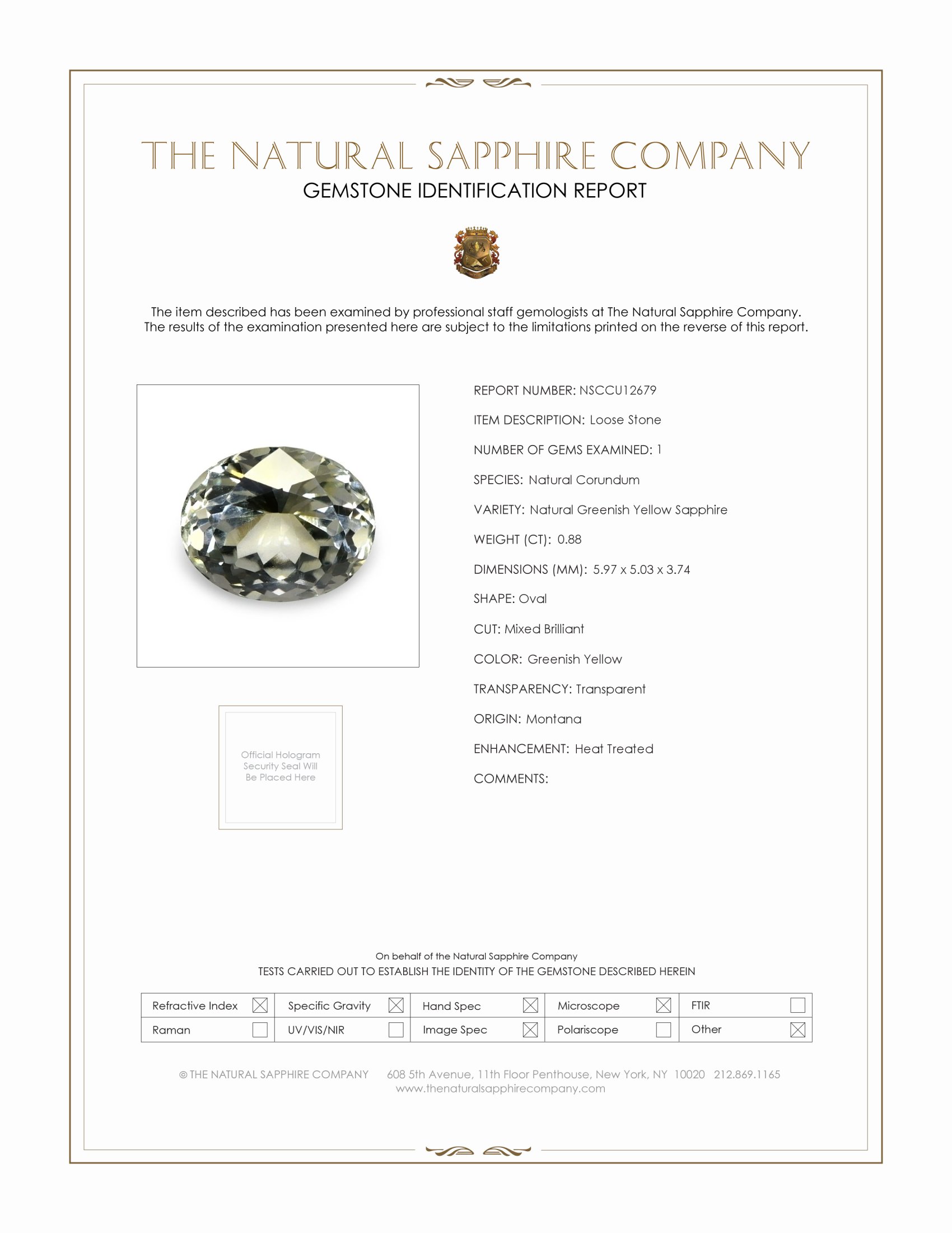0.88 Ct. Greenish Yellow Sapphire from Montana