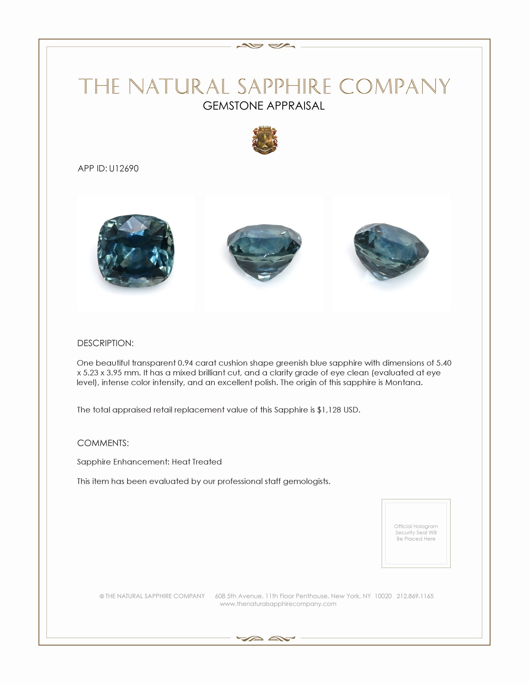 0.94 Ct. Greenish Blue Sapphire from Montana