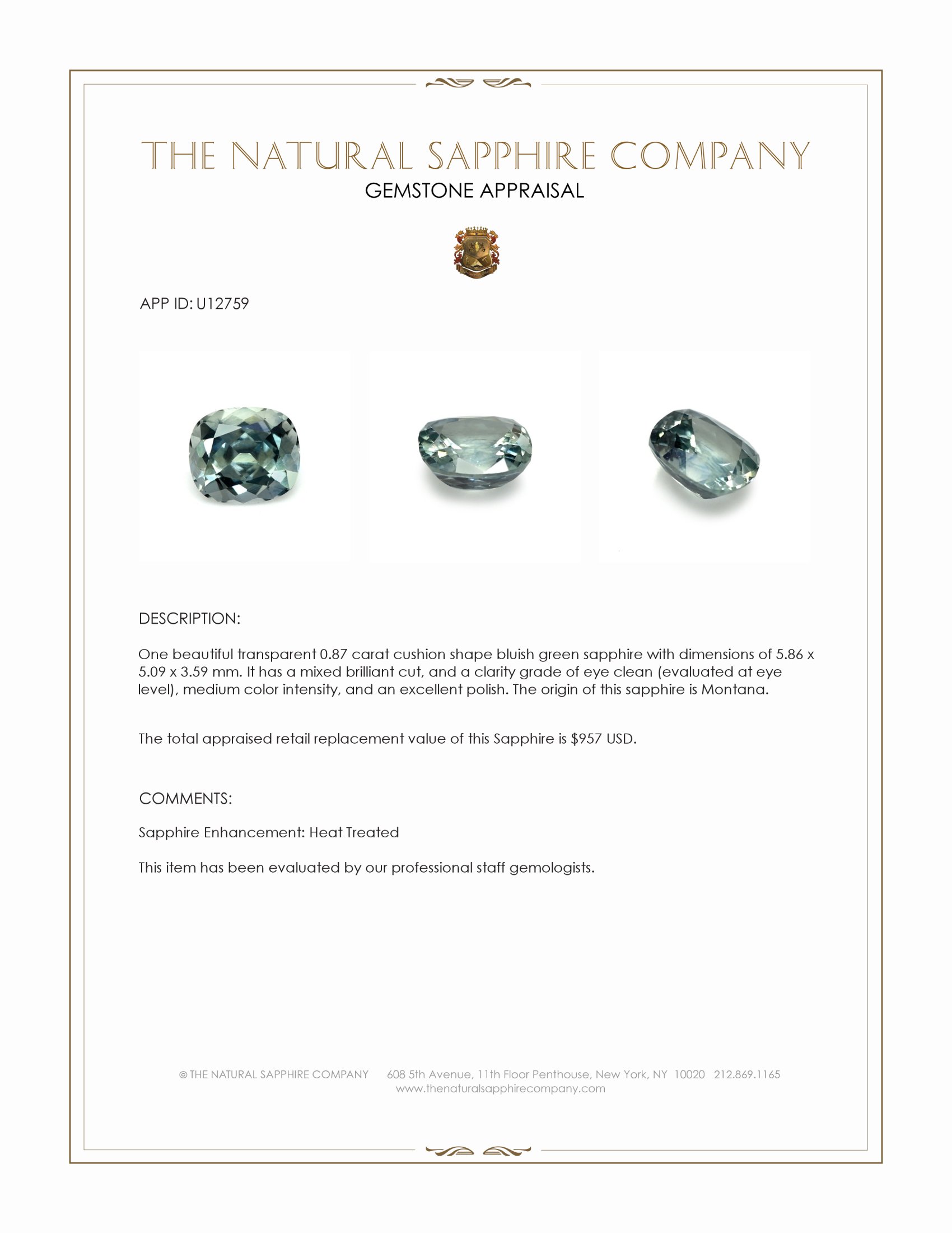 0.87 Ct. Bluish Green Sapphire from Montana