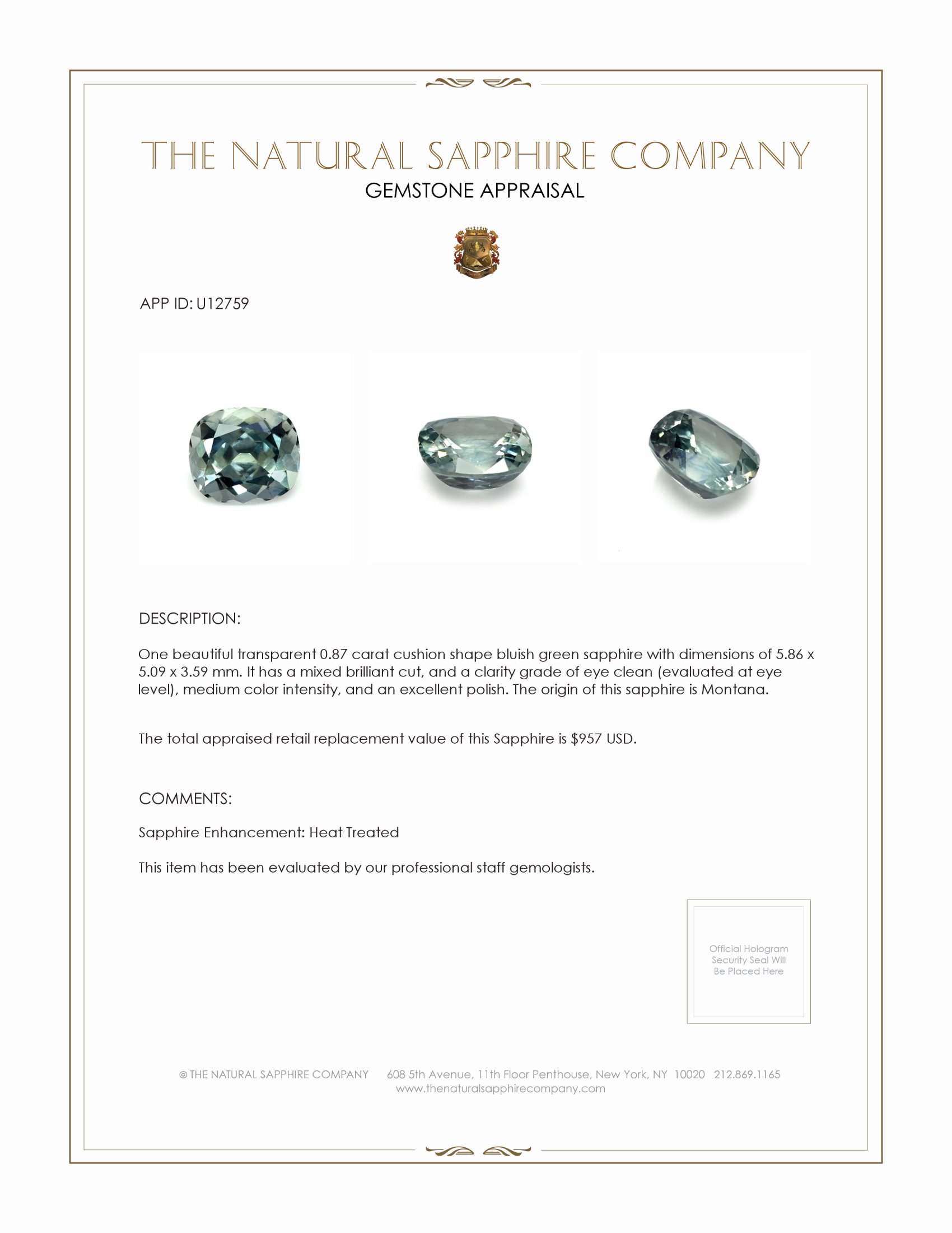 0.87 Ct. Bluish Green Sapphire from Montana