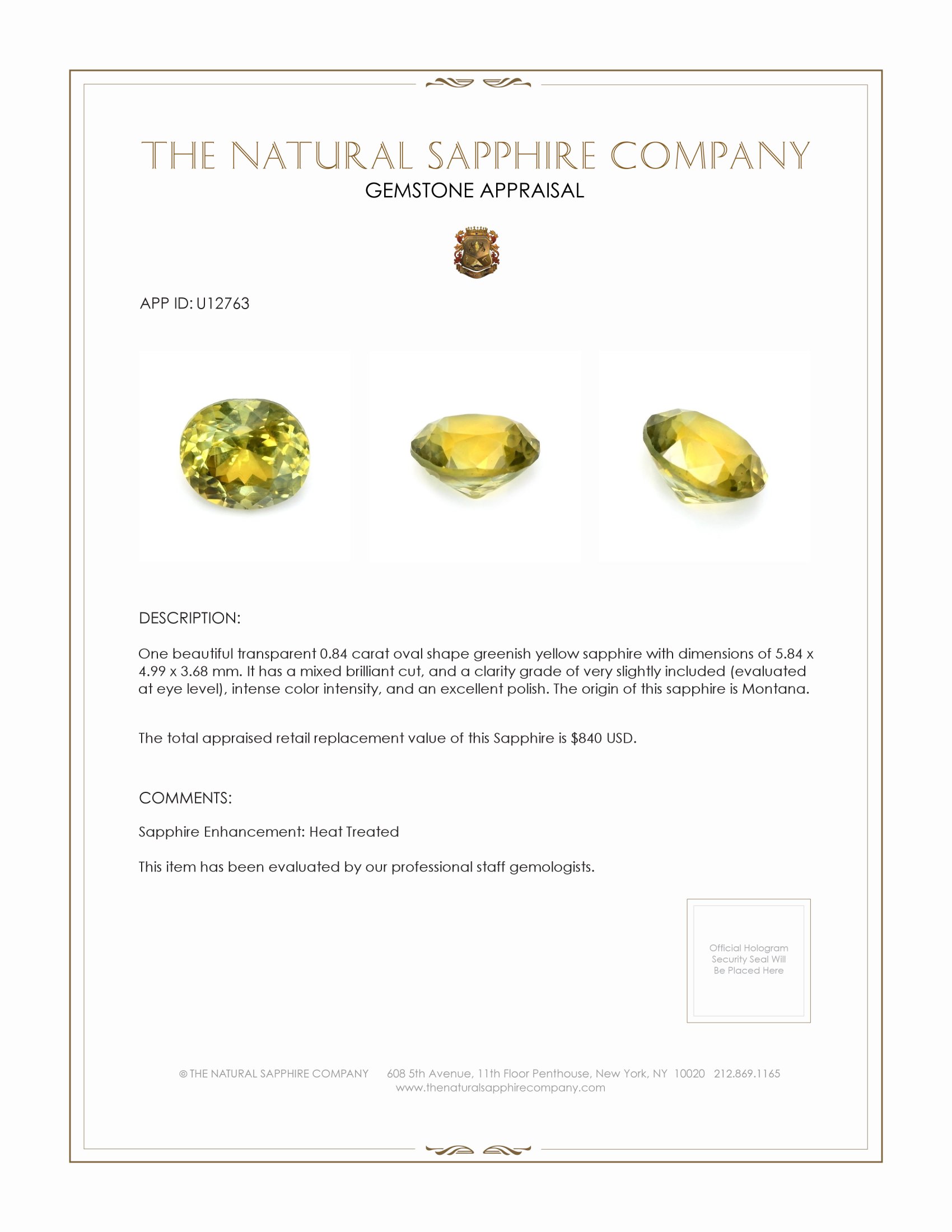 0.84 Ct. Greenish Yellow Sapphire from Montana