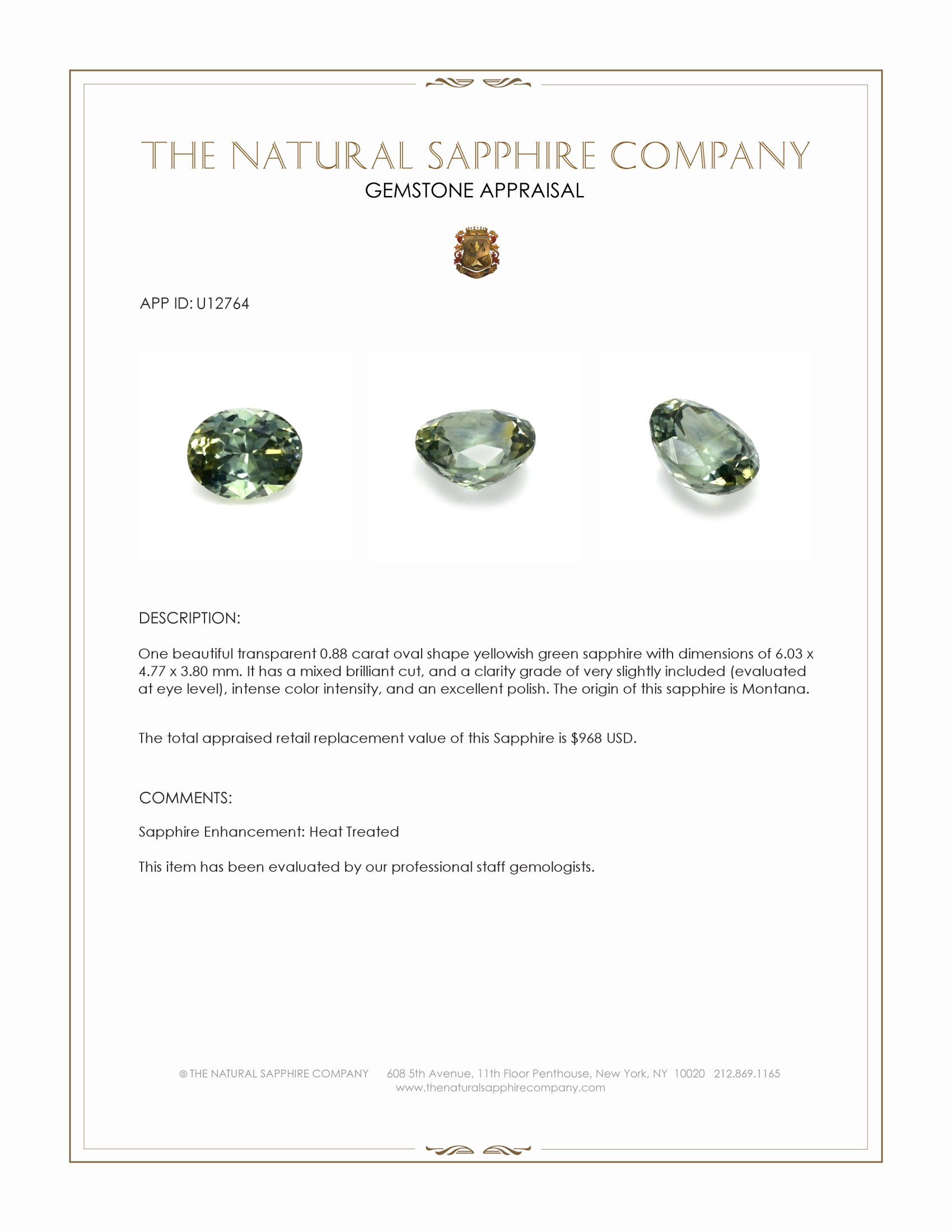 0.88 Ct. Yellowish Green Sapphire from Montana