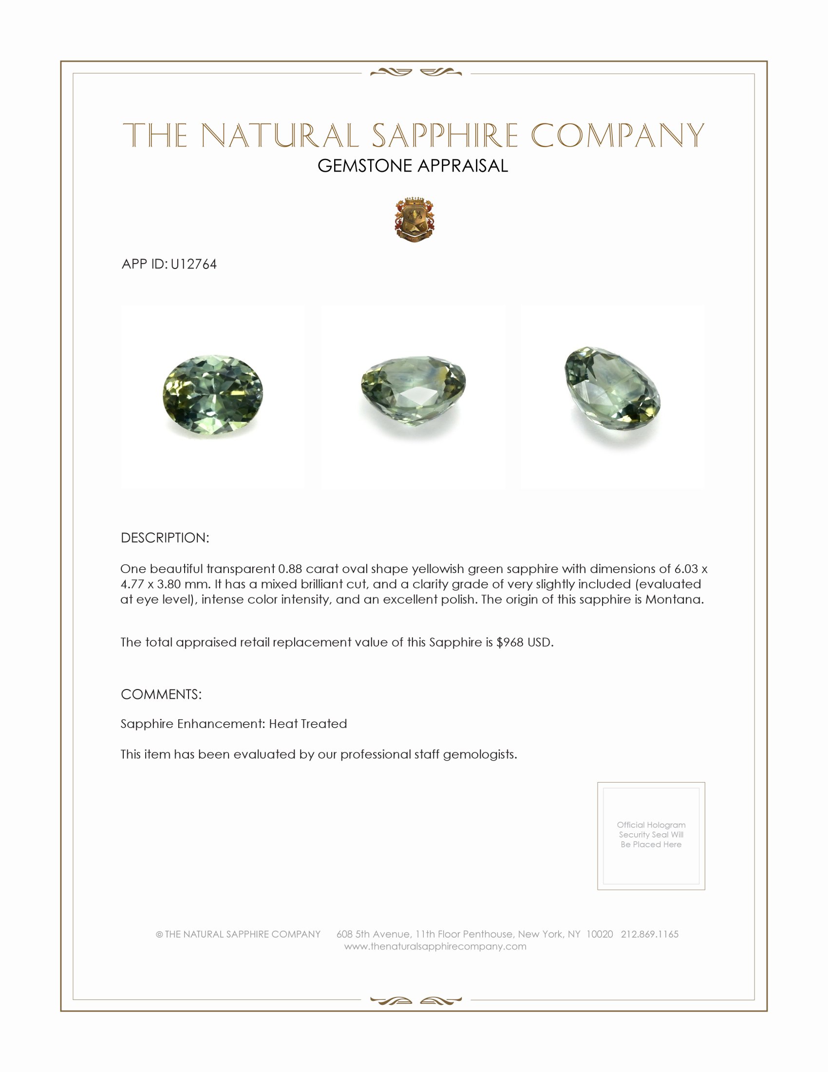 0.88 Ct. Yellowish Green Sapphire from Montana