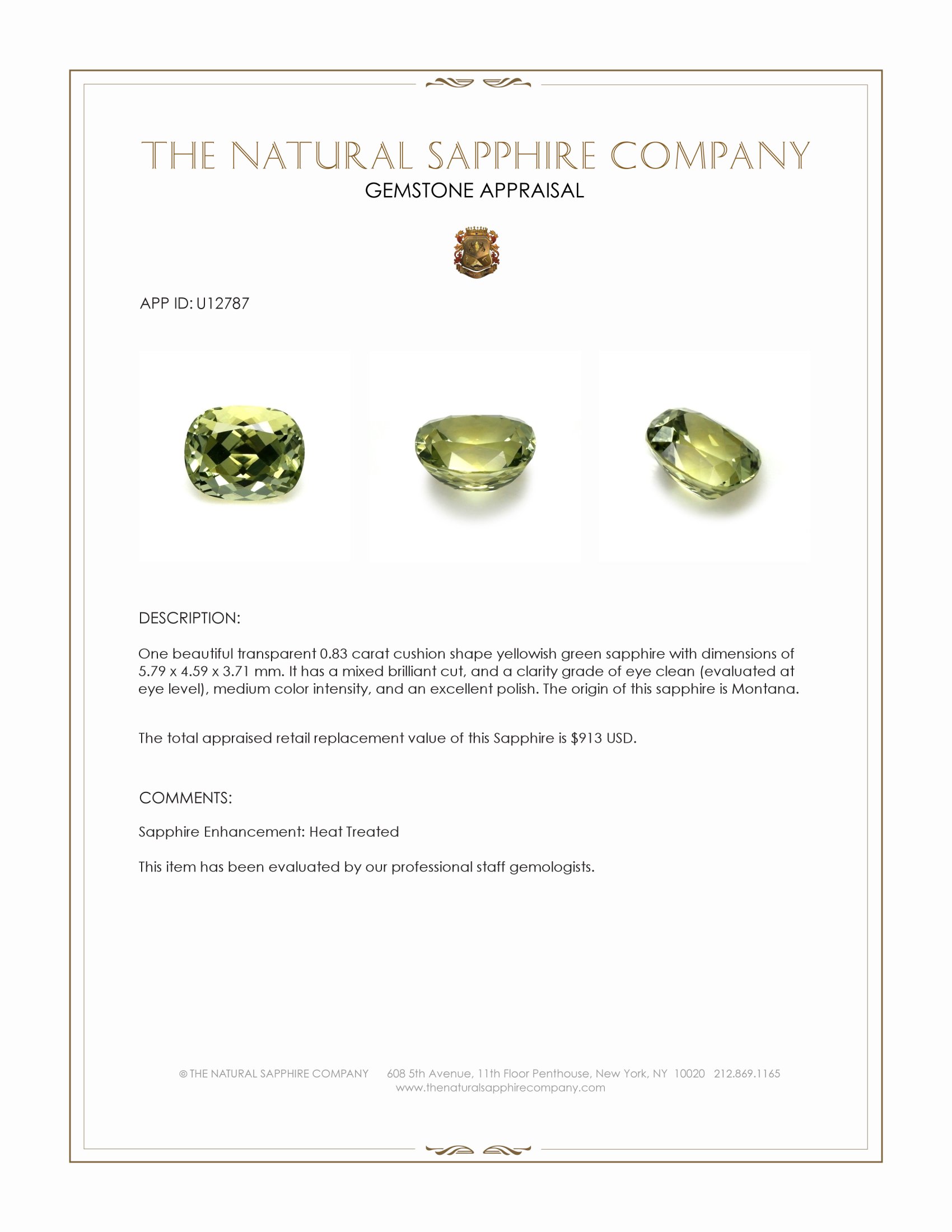 0.83 Ct. Yellowish Green Sapphire from Montana