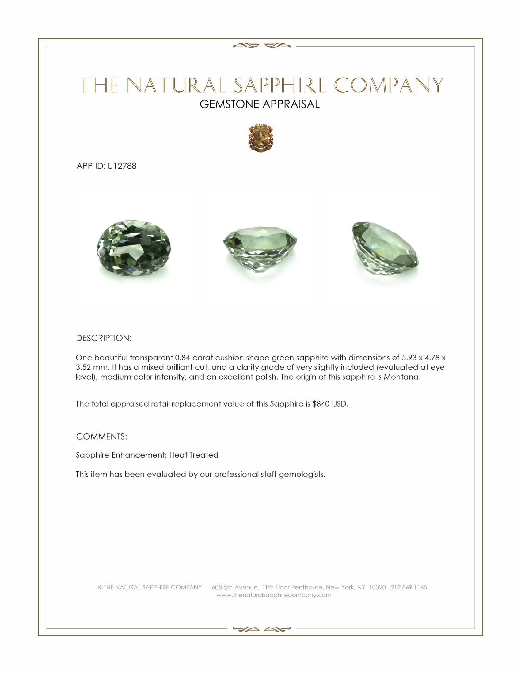 0.84 Ct. Green Sapphire from Montana