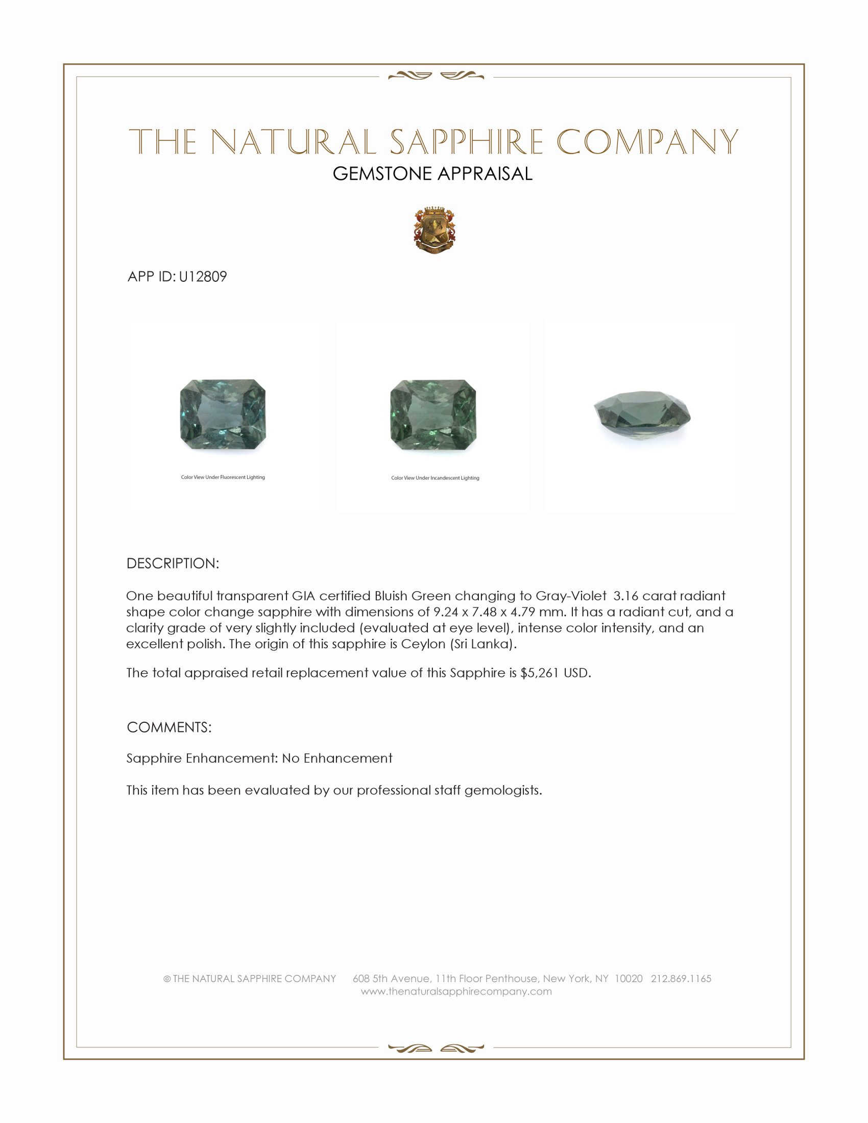 3.16 Ct. Color Change Sapphire from Ceylon (Sri Lanka)