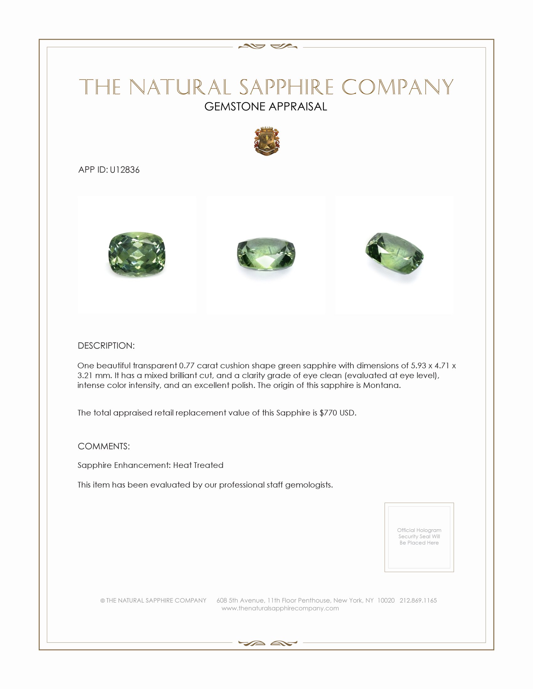 0.77 Ct. Green Sapphire from Montana