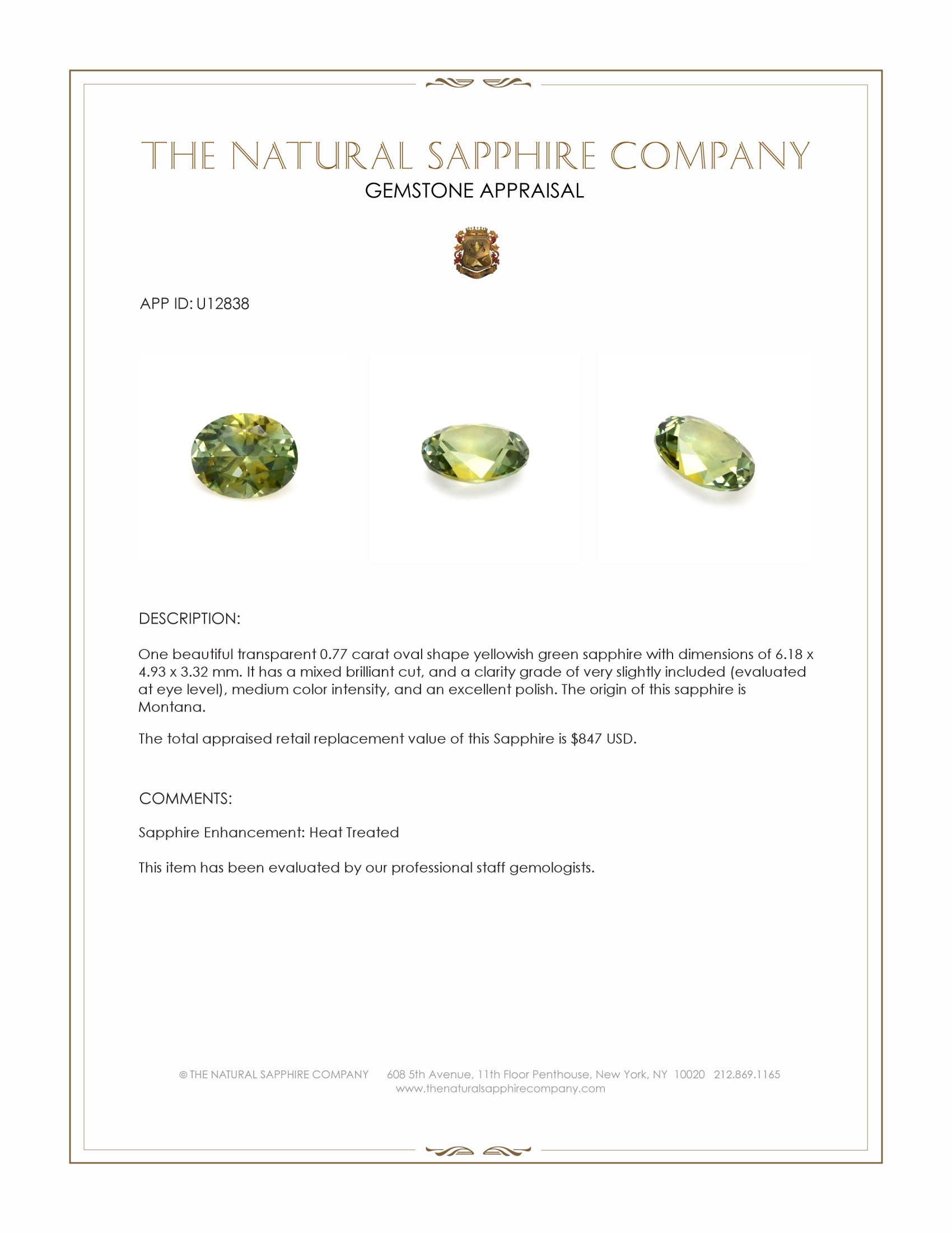 0.77 Ct. Yellowish Green Sapphire from Montana