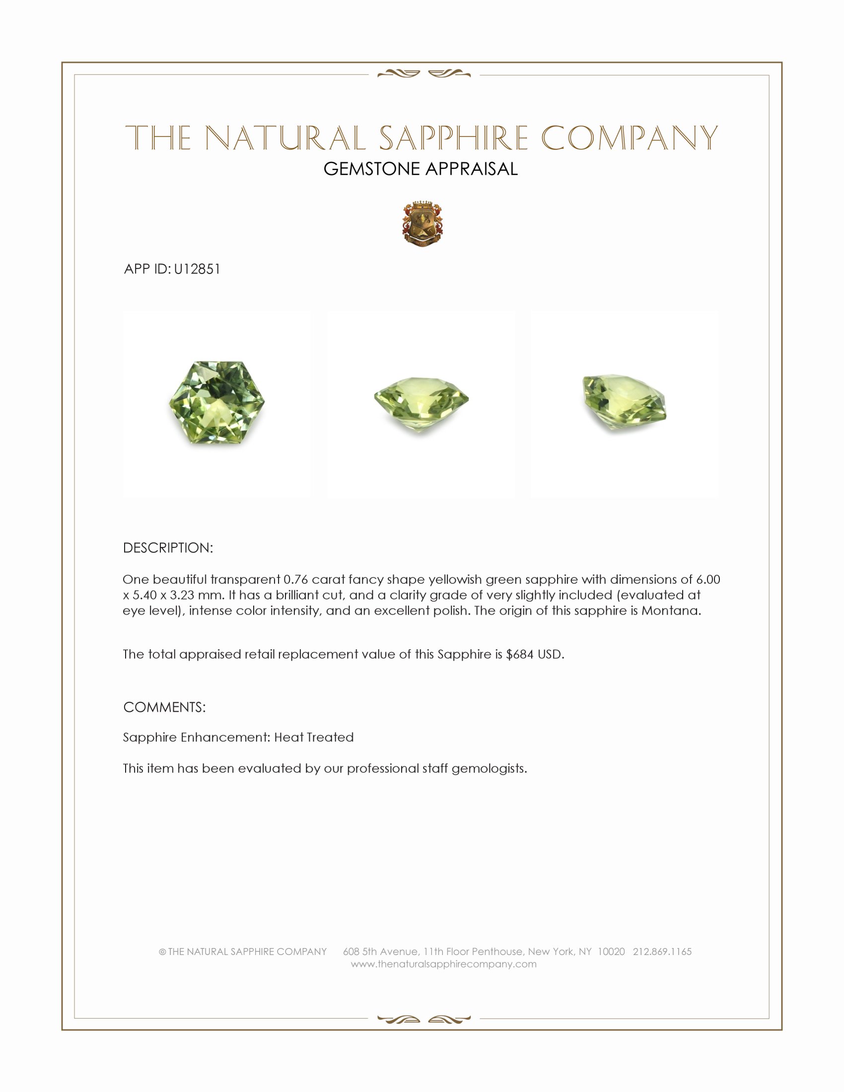 0.76 Ct. Yellowish Green Sapphire from Montana