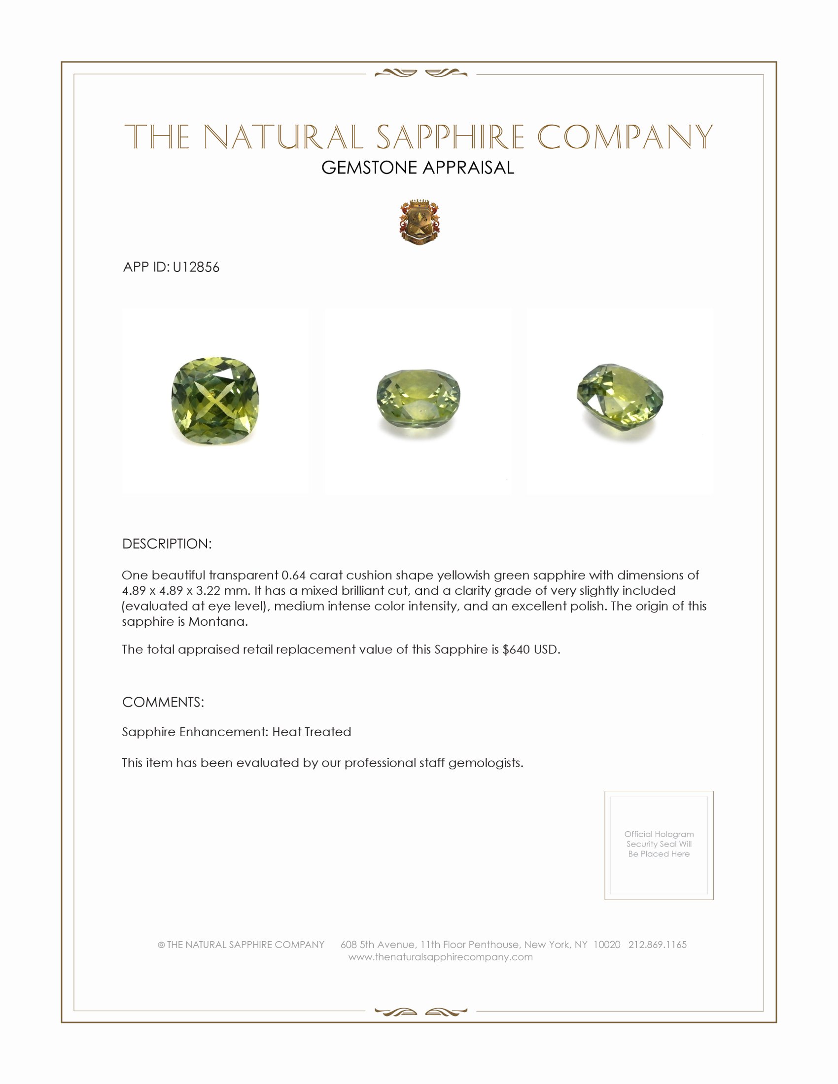 0.64 Ct. Yellowish Green Sapphire from Montana