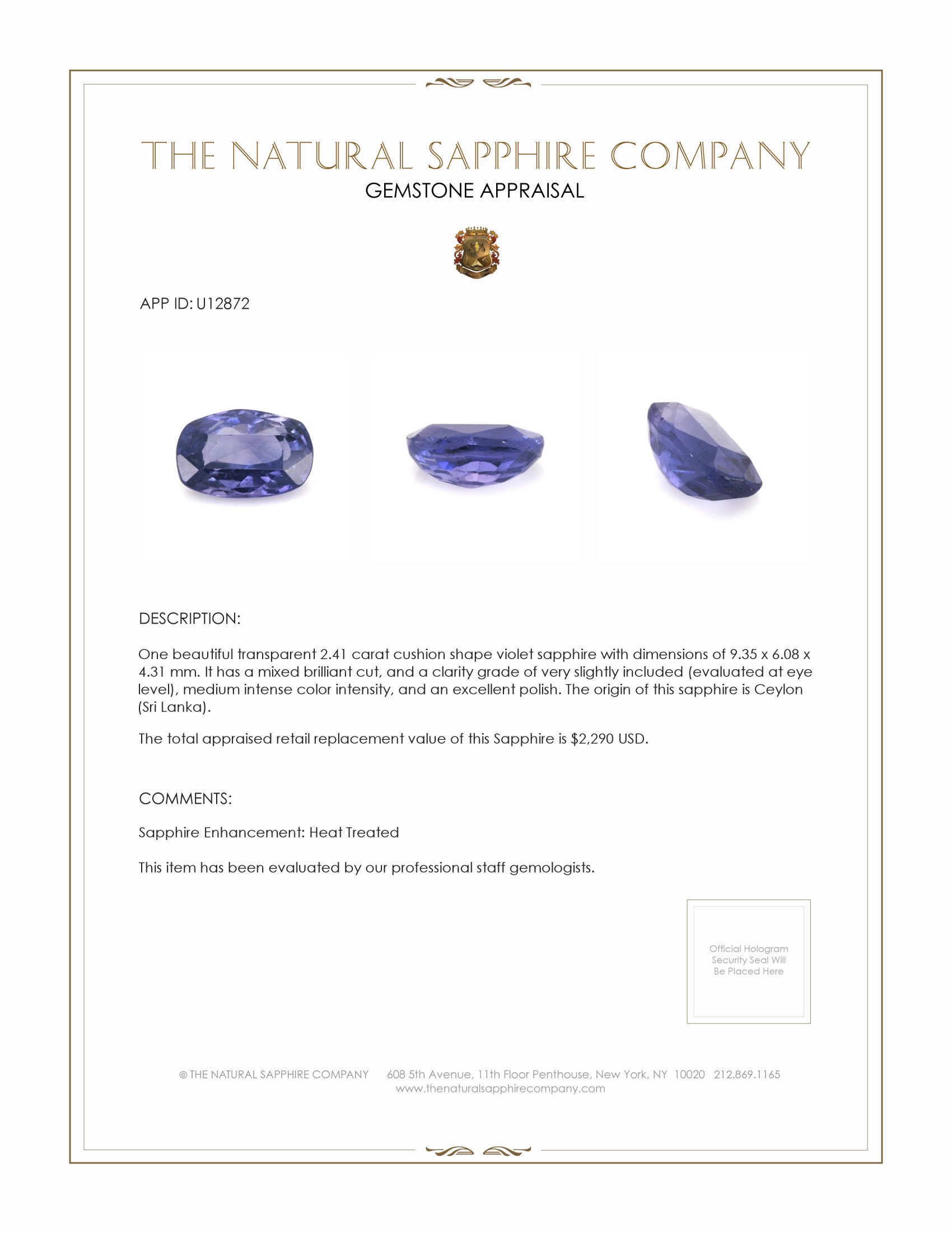2.41 Ct. Violet Sapphire from Ceylon (Sri Lanka)