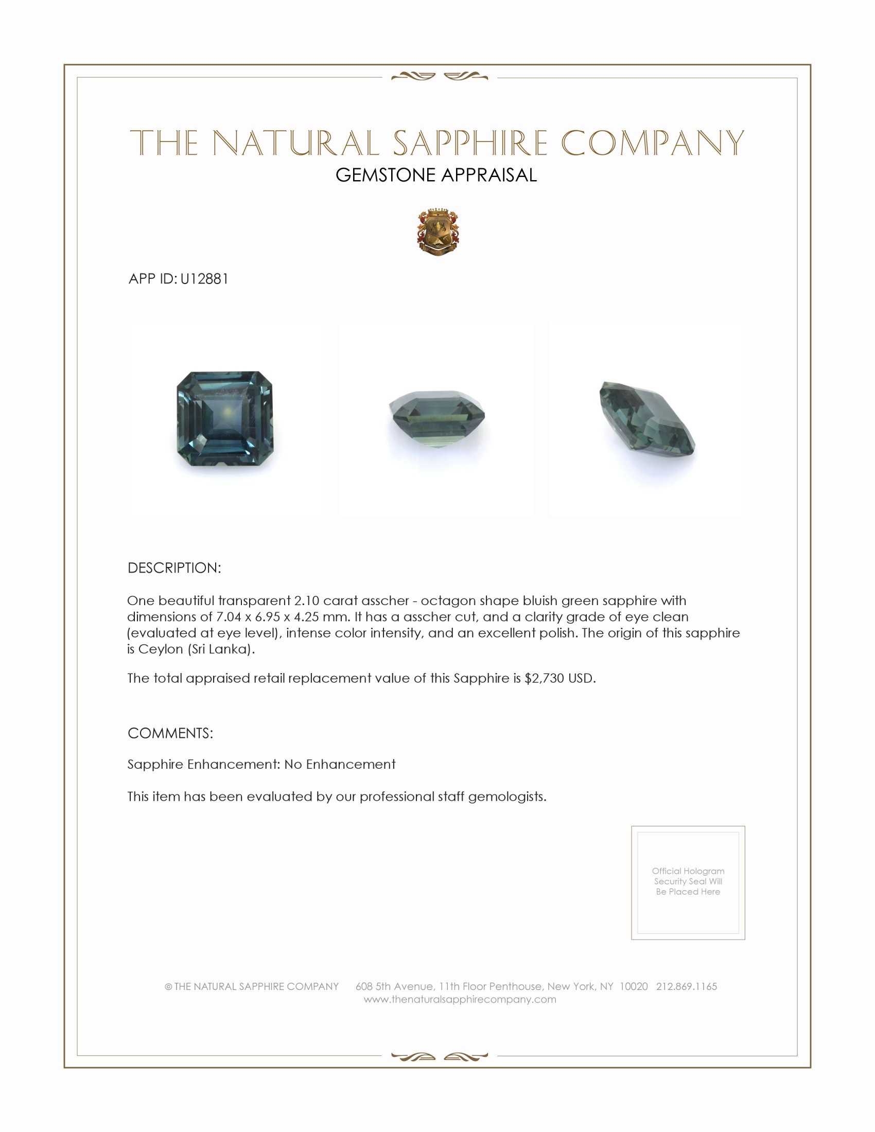 2.10 Ct. Bluish Green Sapphire from Ceylon (Sri Lanka)
