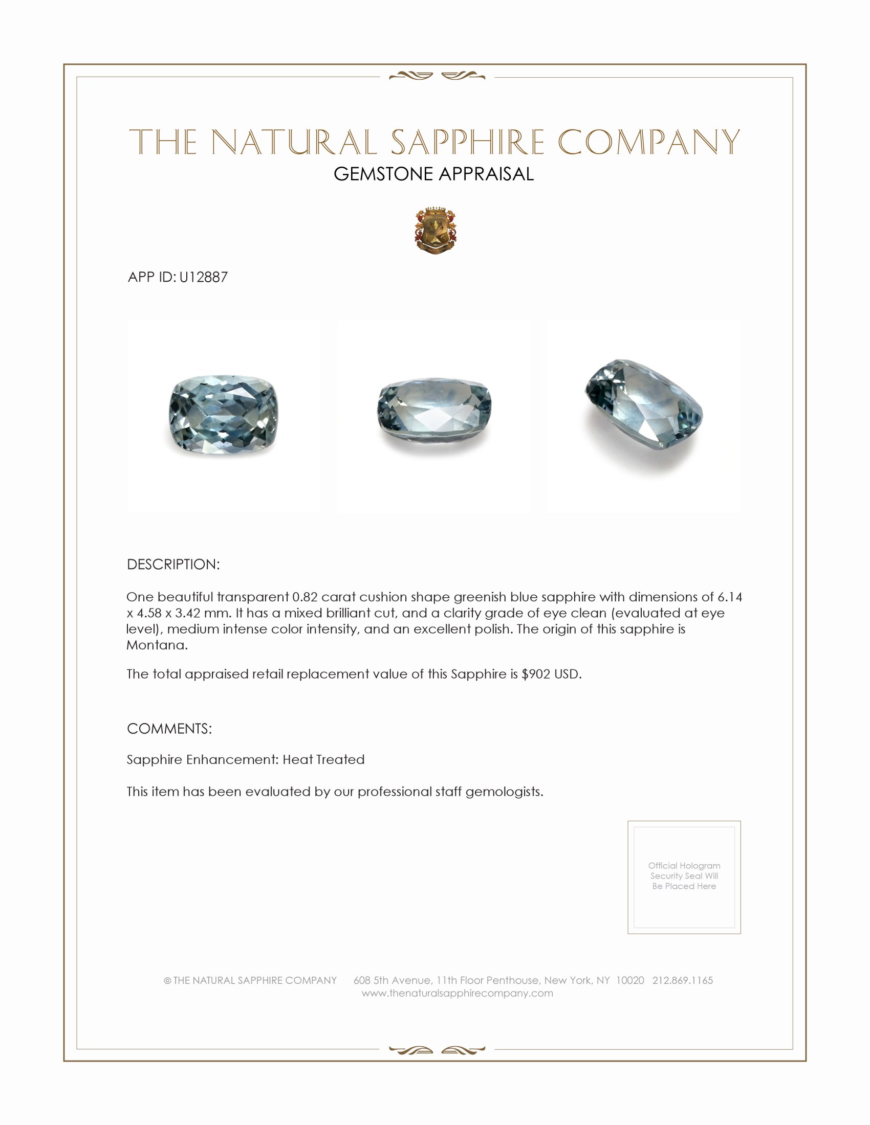 0.82 Ct. Greenish Blue Sapphire from Montana